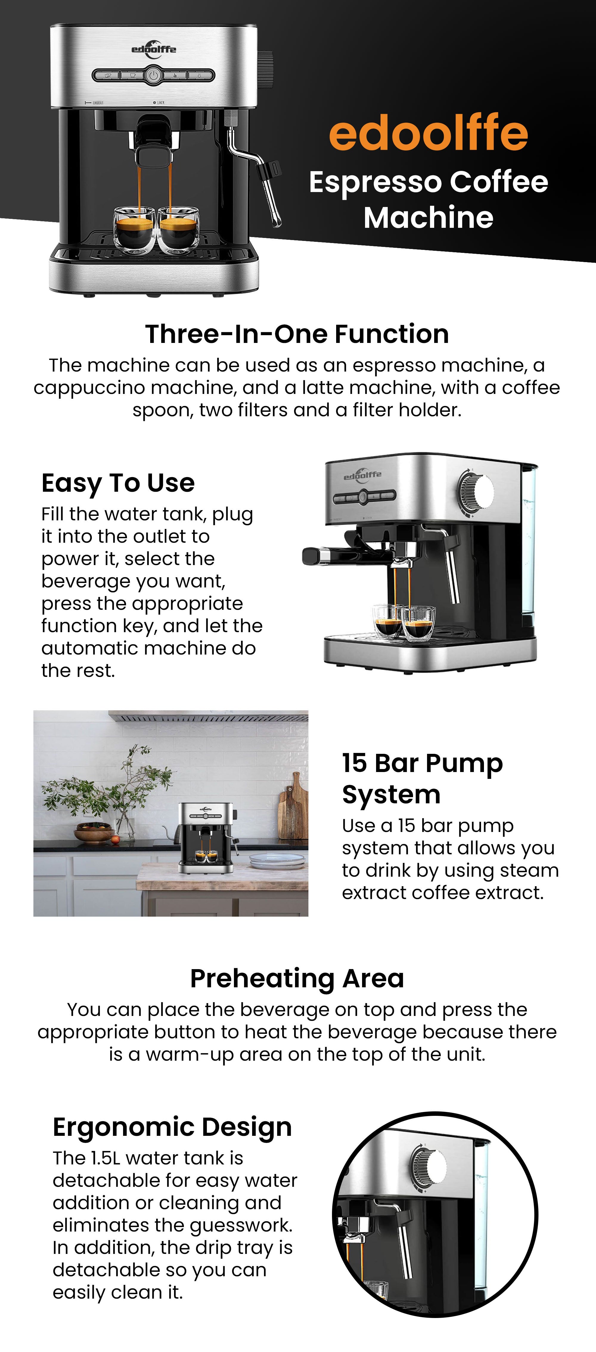 Edoolffe Espresso Coffee Machine Built In Milk Frother Ml