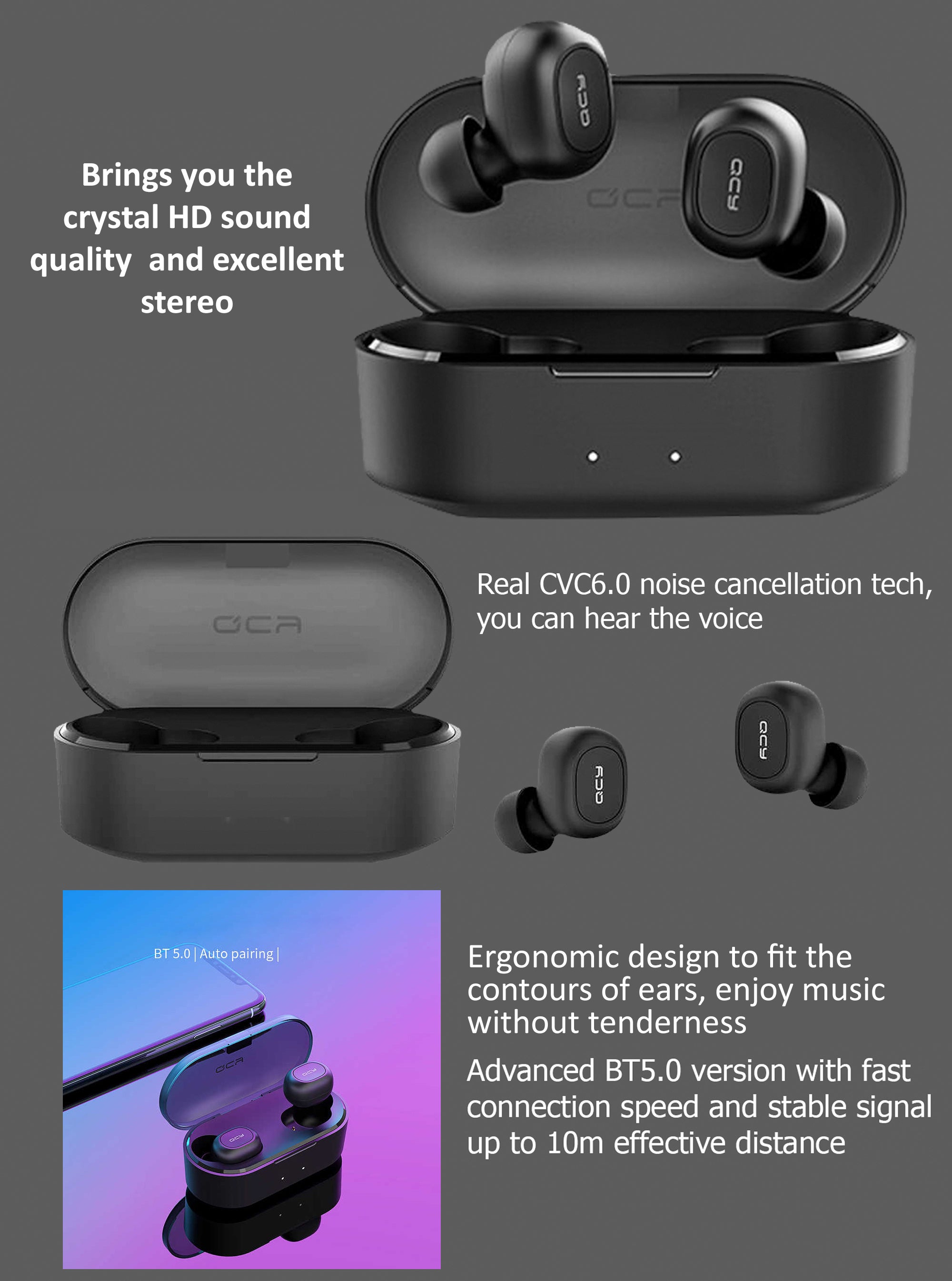 QCY T2C TWS Bluetooth Wireless Earphones With Dual Microphone