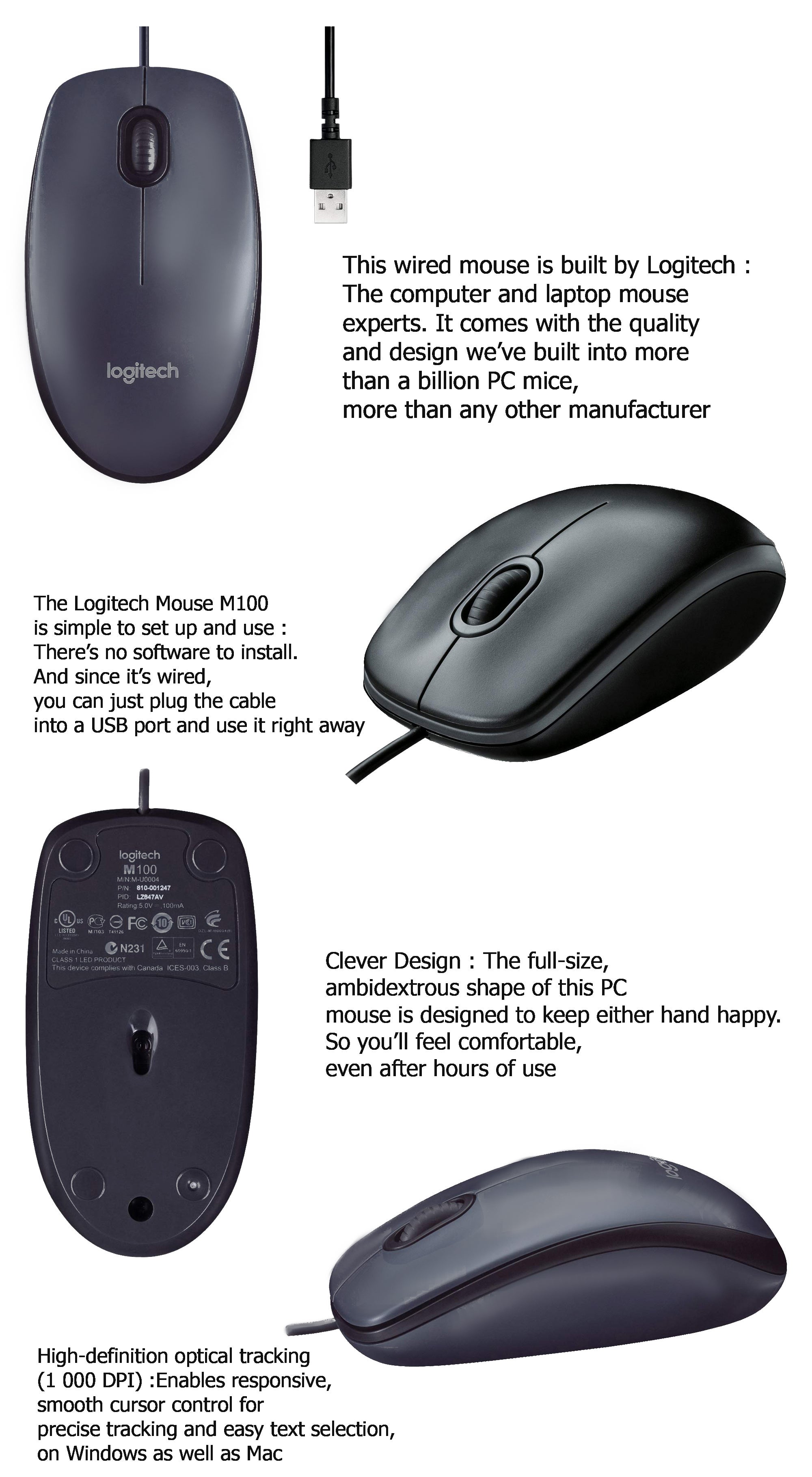 Logitech M100 Optical USB Mouse with Ambidextrous Design