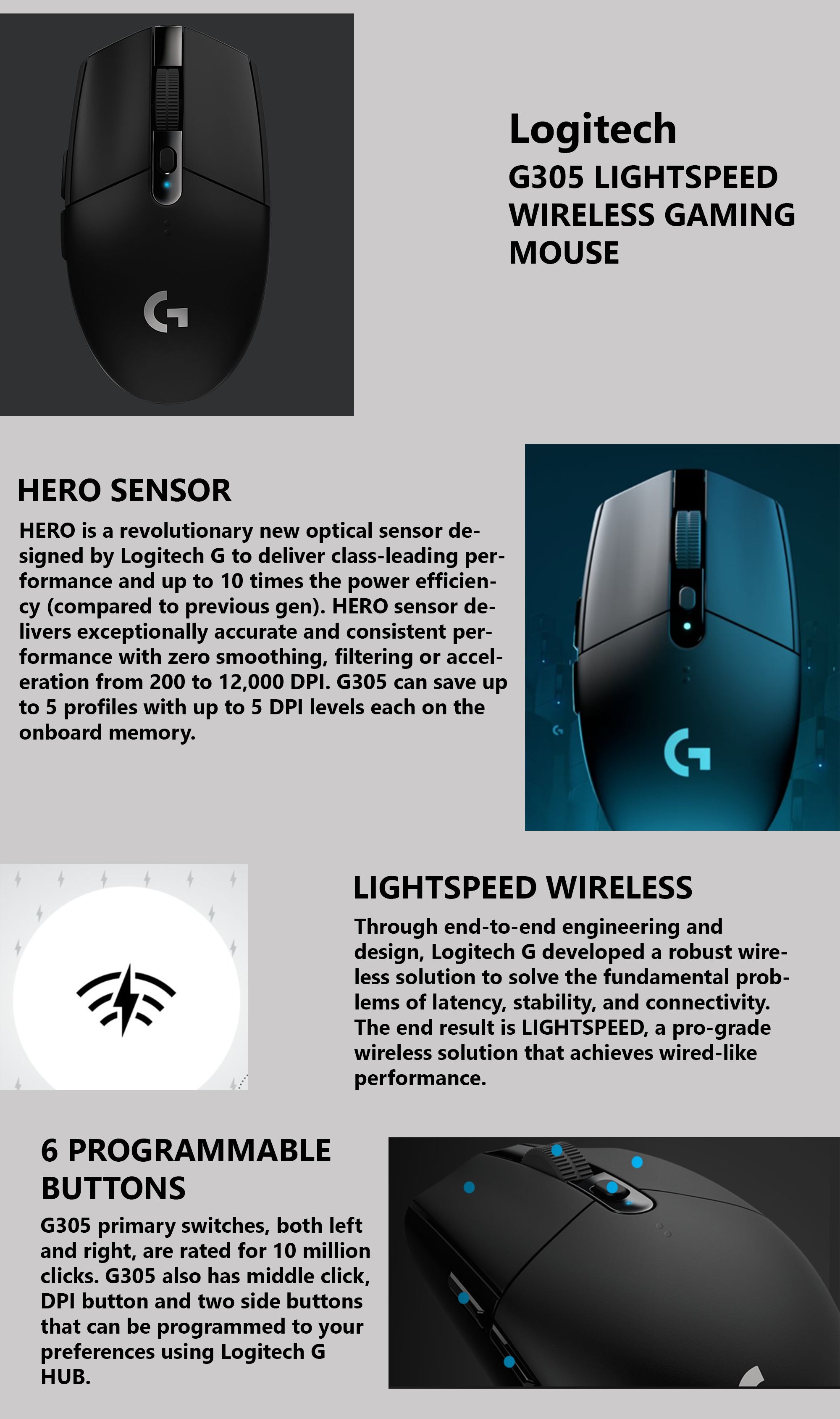 Logitech G305 LIGHTSPEED Wireless Gaming Mouse, HERO Sensor, 12,000 DPI,  Lightweight, 6 Programmable Buttons, 250h Battery, On-Board Memory,  Compatible with PC, Mac - White 