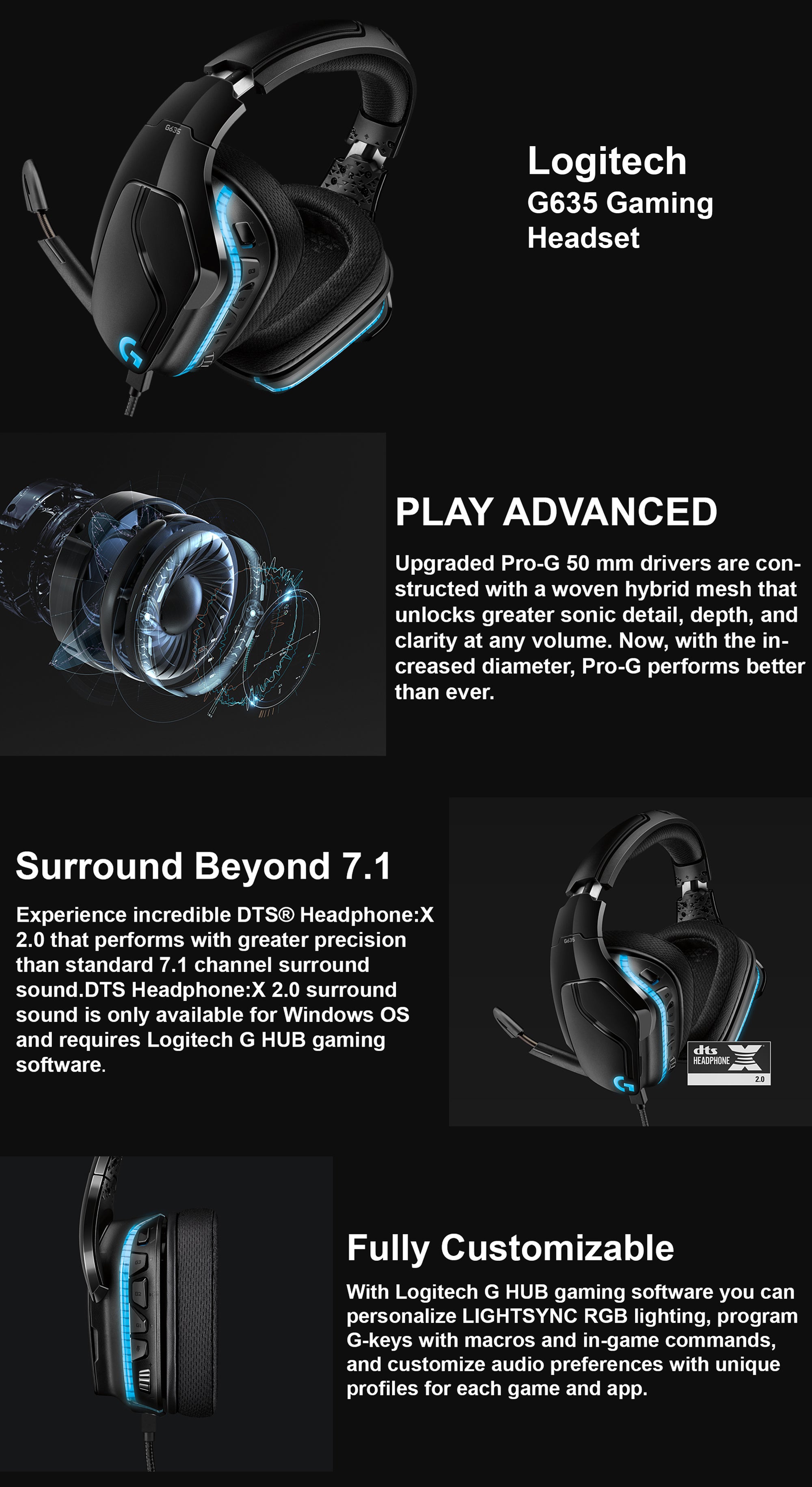 Logitech G635 Wired Gaming RGB Headset, 7.1 Surround Sound, DTS Headphone:X  2.0, 50 mm Pro-G Drivers, USB And 3.5mm Audio Jack, Flip-to-Mute Mic, PC/Mac/Xbox  One/PS4/Nintendo Switch Egypt Cairo, Giza