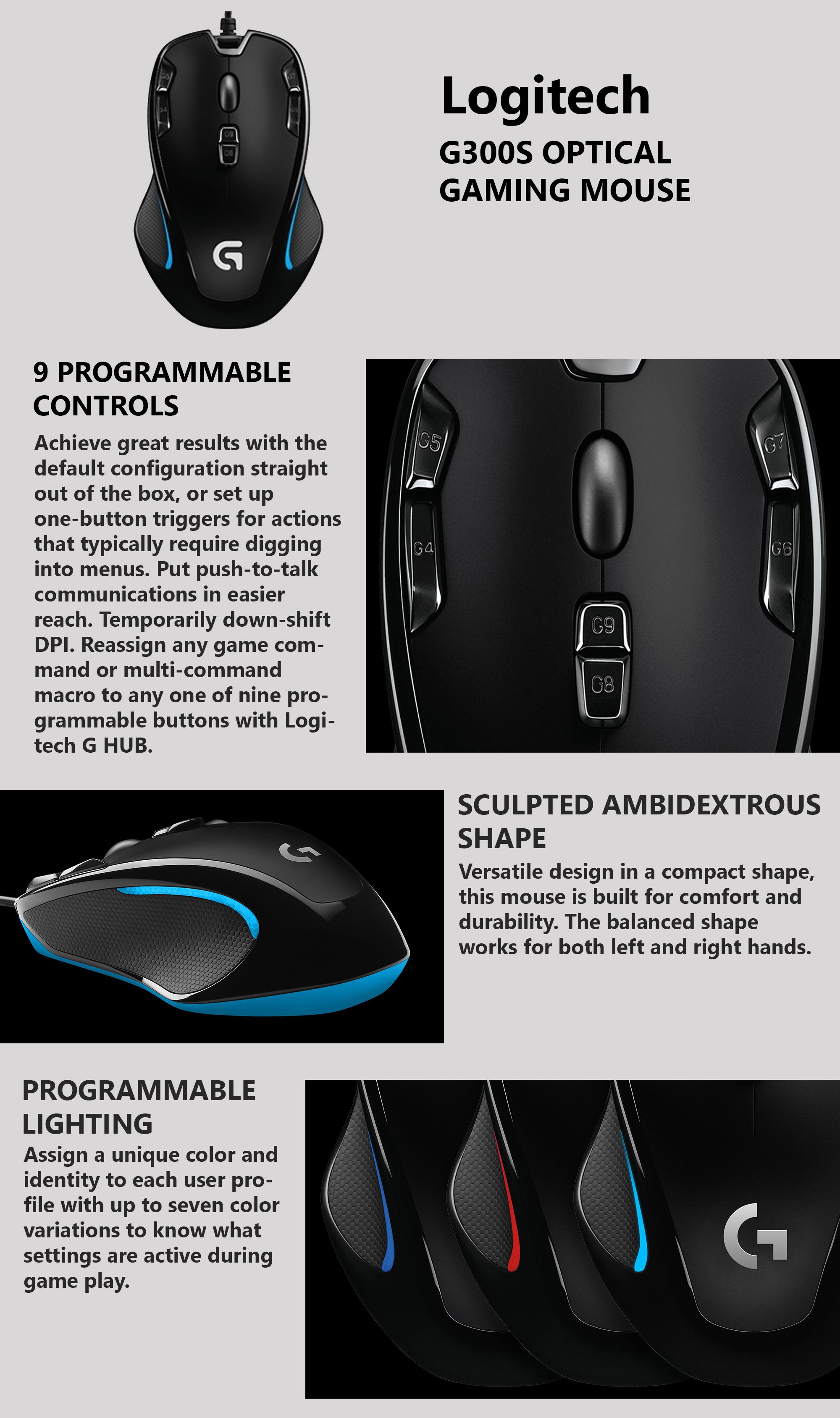 Shop Logitech G300s Wired Gaming Mouse 2 500 Dpi Rgb Lightweight 9 Programmable Controls On Board Memory Compatible With Pc Mac Black Online In Riyadh Jeddah And All Ksa