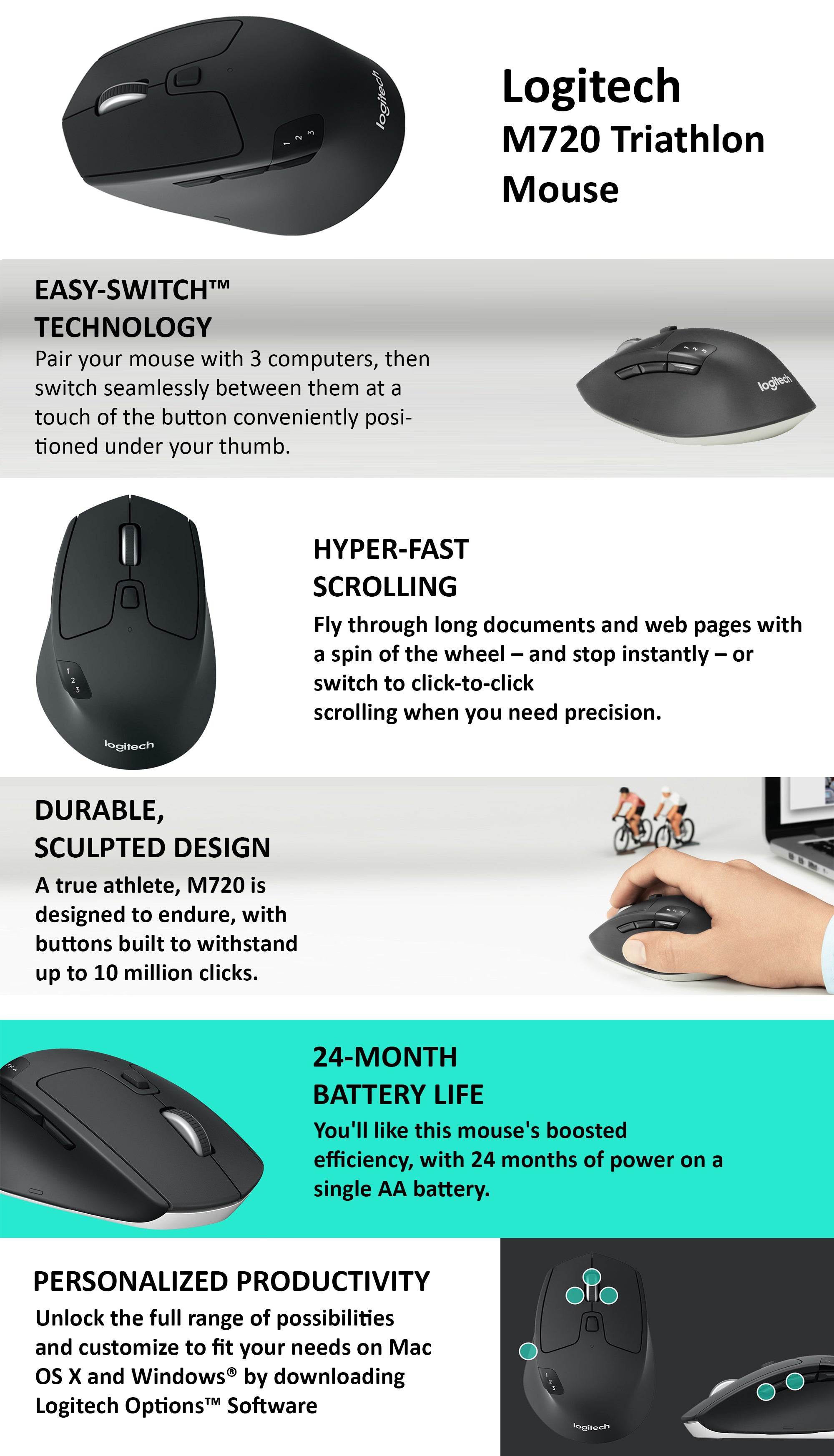  Logitech M720 Triathlon Multi-Device Wireless Mouse, Bluetooth,  USB Unifying Receiver, 1000 DPI, 8 Buttons, 2-Year Battery, Compatible with  Laptop, PC, Mac, iPadOS - Black : Electronics