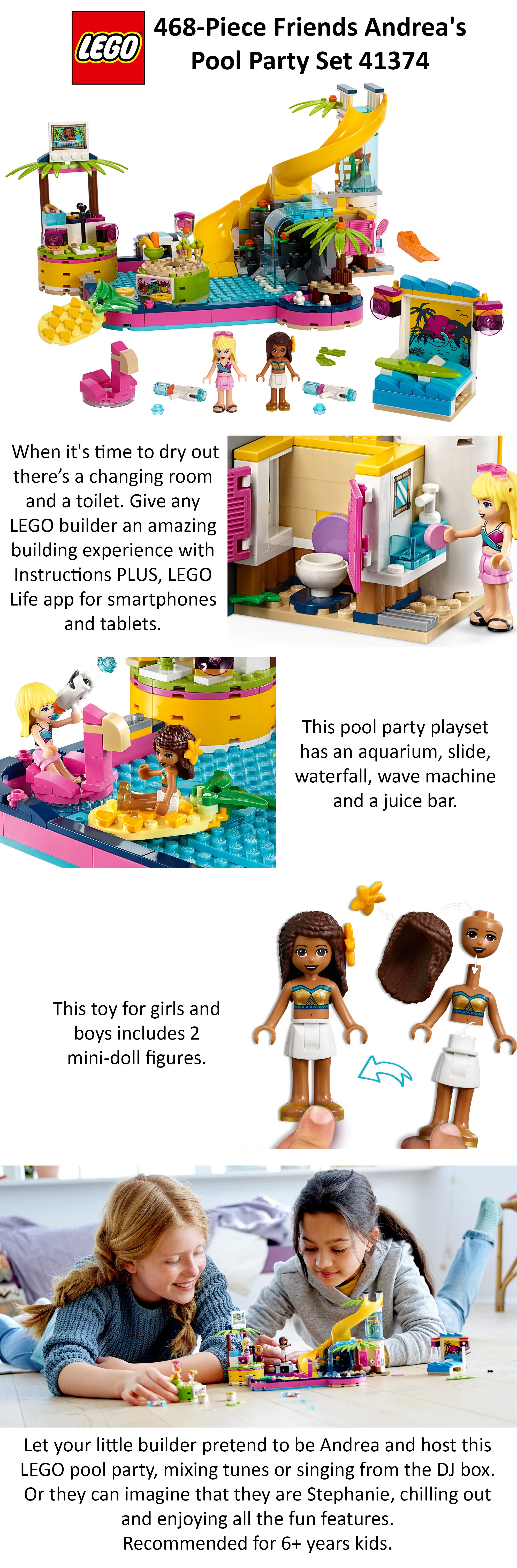 Lego friends andrea's pool party toy pool building 2024 set with mini dolls for pretend play 41374