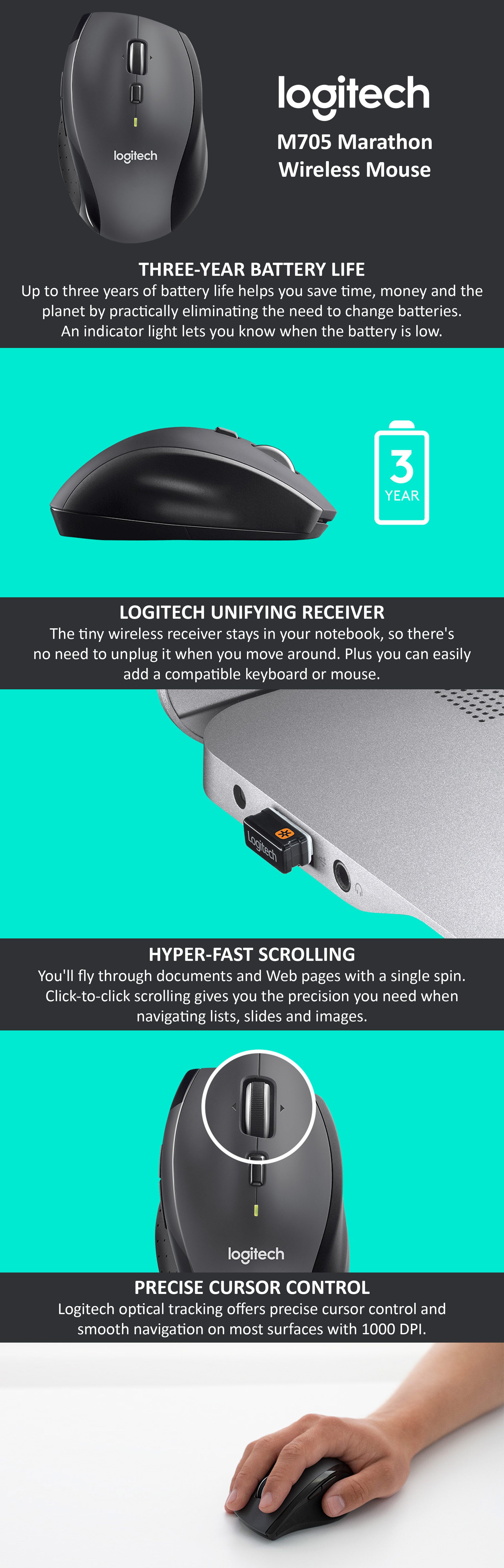 Logitech M705 Marathon Wireless Laser Scroll Mouse w/ USB Unifying Receiver