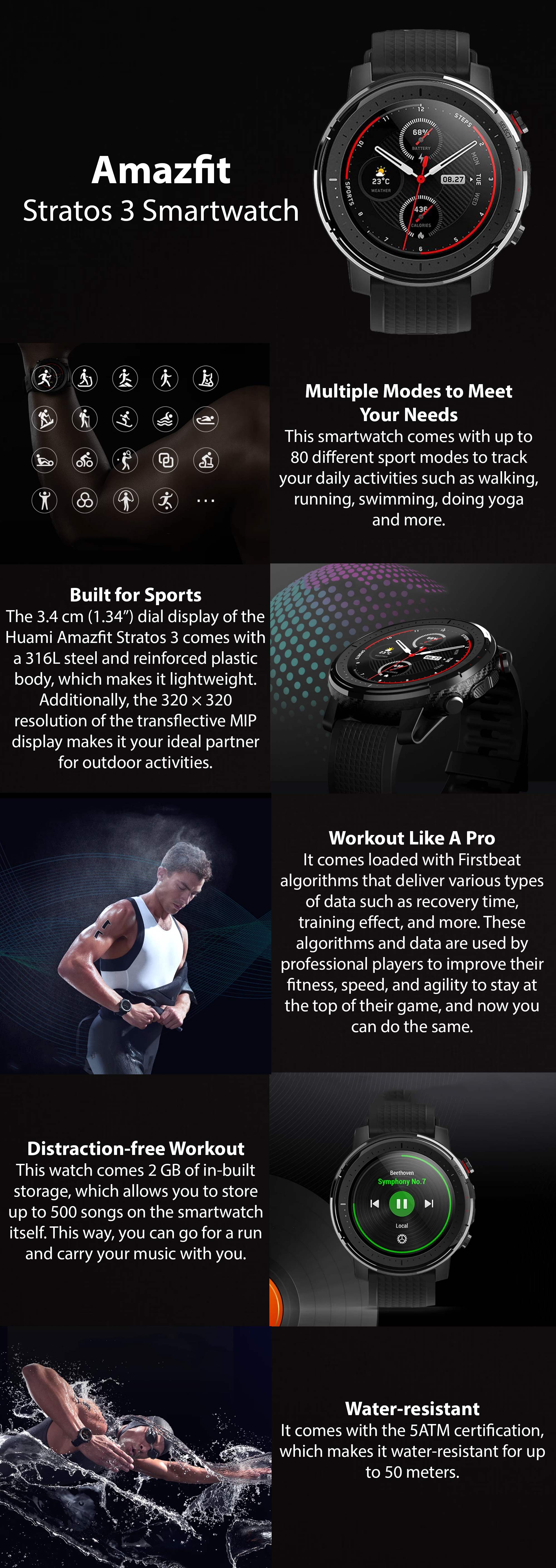 Amazfit Stratos 3 Smartwatch Sports Watch with 1.34 Inch MIP