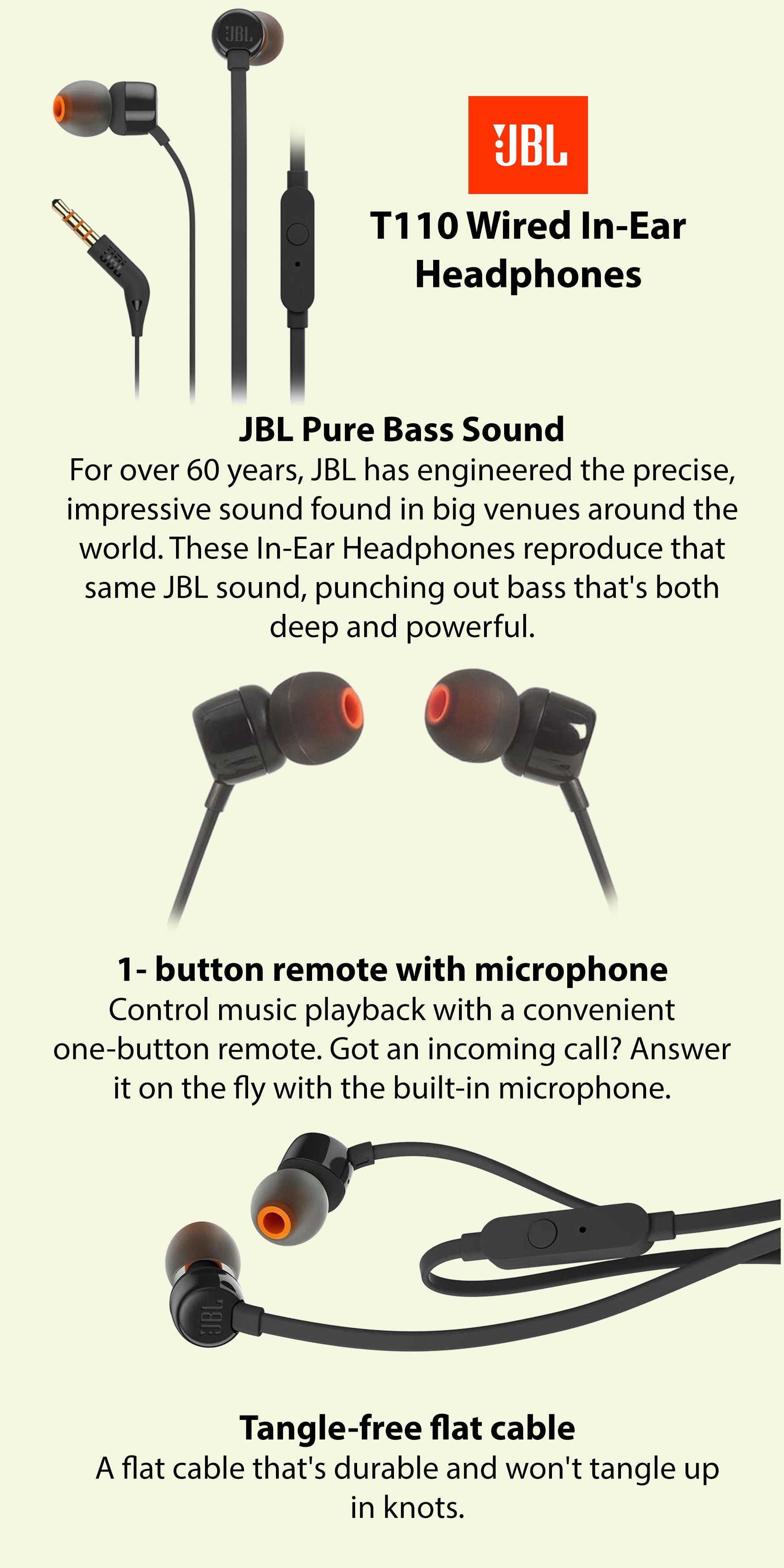 JBL TUNE 110 3.5mm Wired Earphones T110 Stereo Music Deep Bass Earbuds  Sports Headset In-line Control Handsfree with Microphone