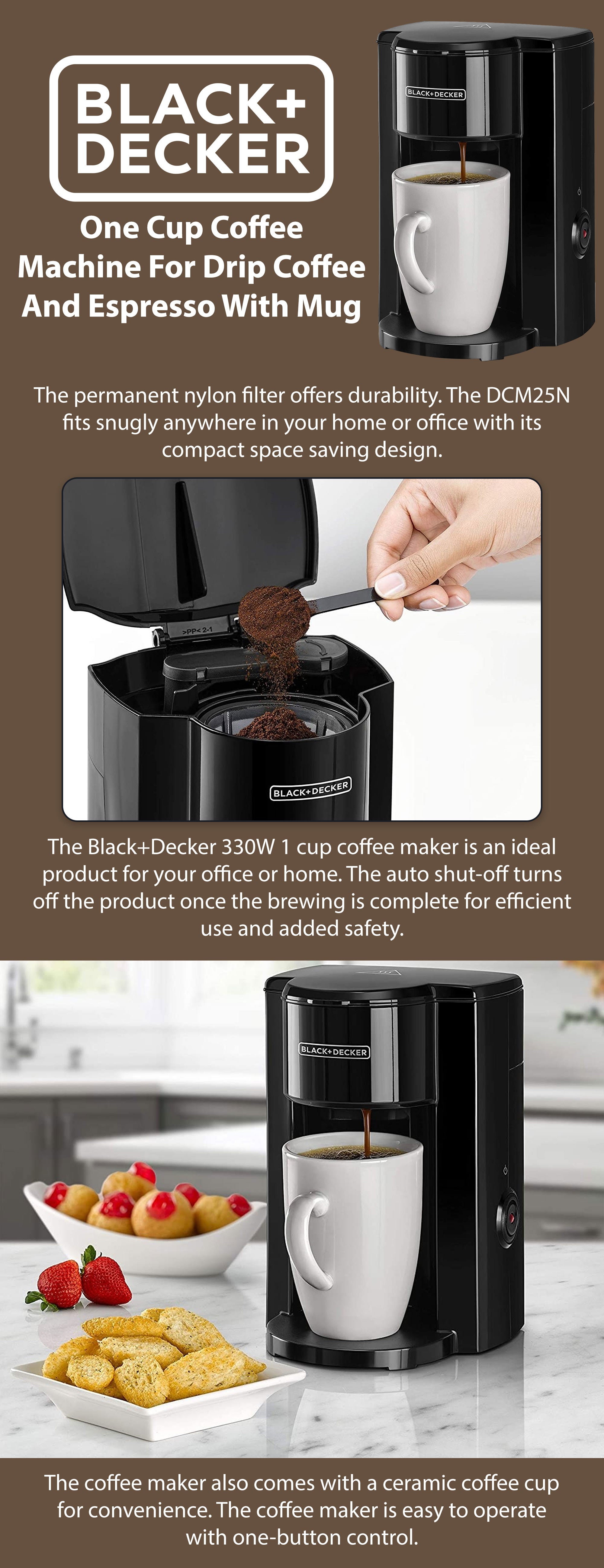 BLACK+DECKER Coffee Machine One Cup Coffee Maker for Drip Coffee And  Espresso With Coffee Mug DCM25N-B5 125.0 ml 350.0 W DCM25N-B5 Jet Black KSA