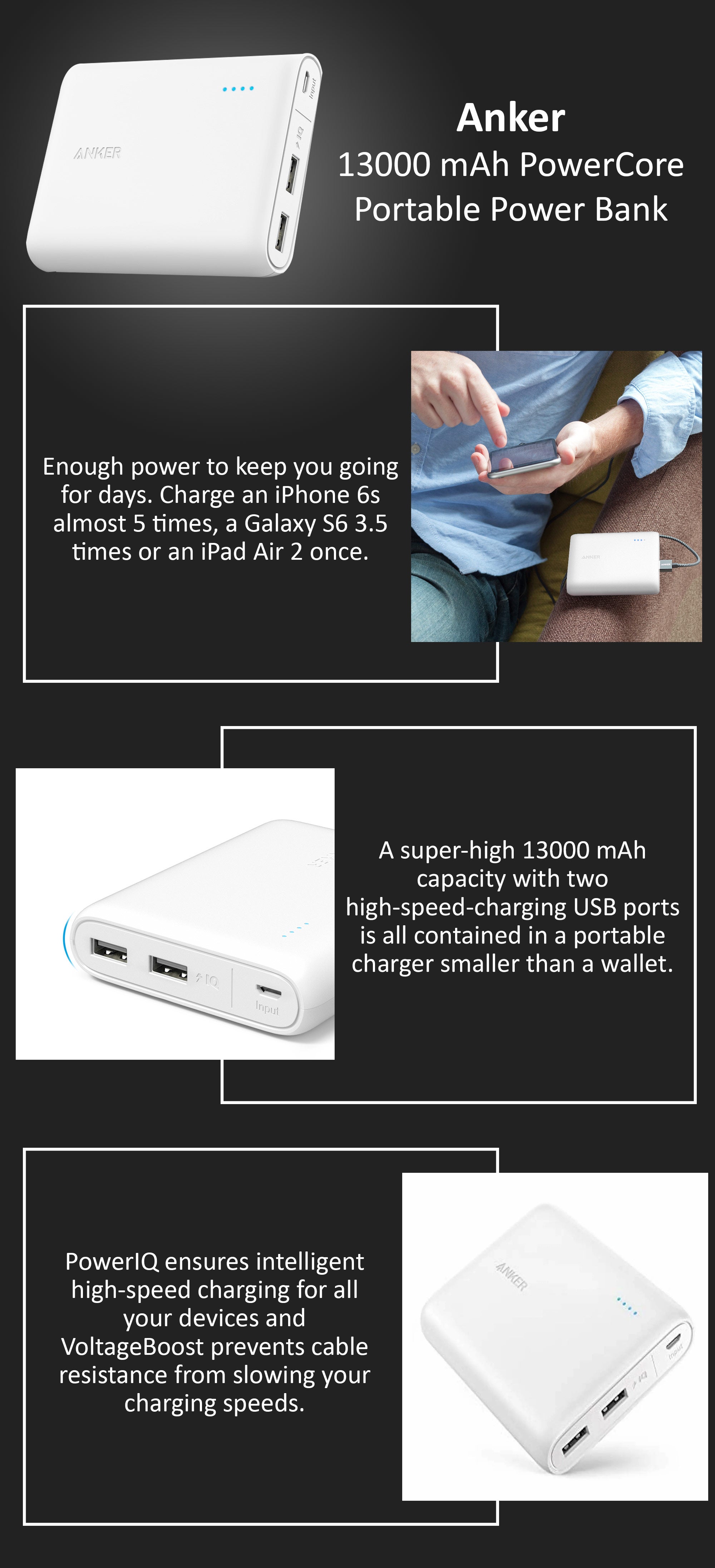 Anker 13000mAh Portable Charger Dual USB Power Bank,PowerCore 13000,PowerIQ  Charging