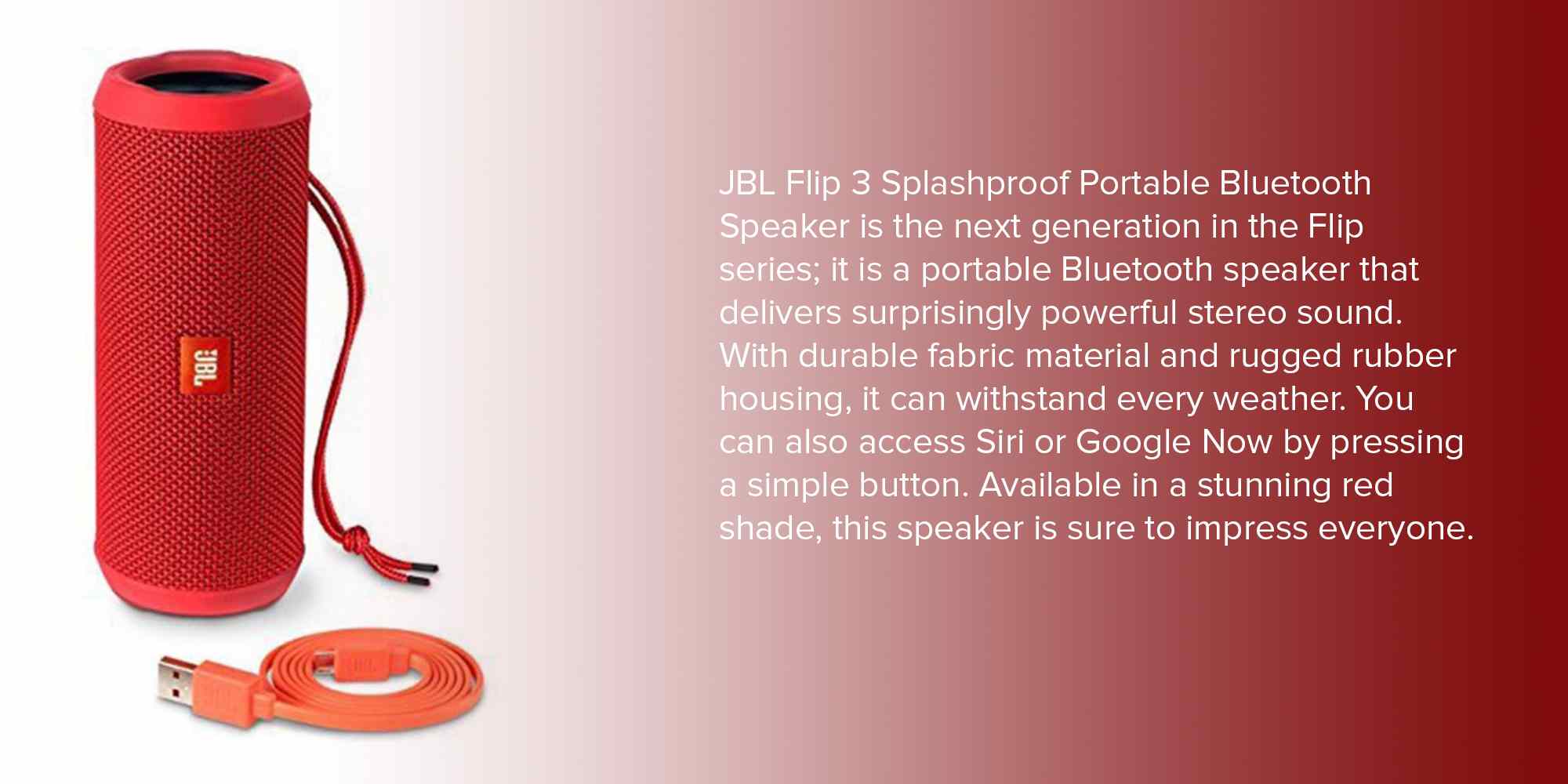 JBL Flip 3 Splashproof Portable Bluetooth Speaker Red UAE
