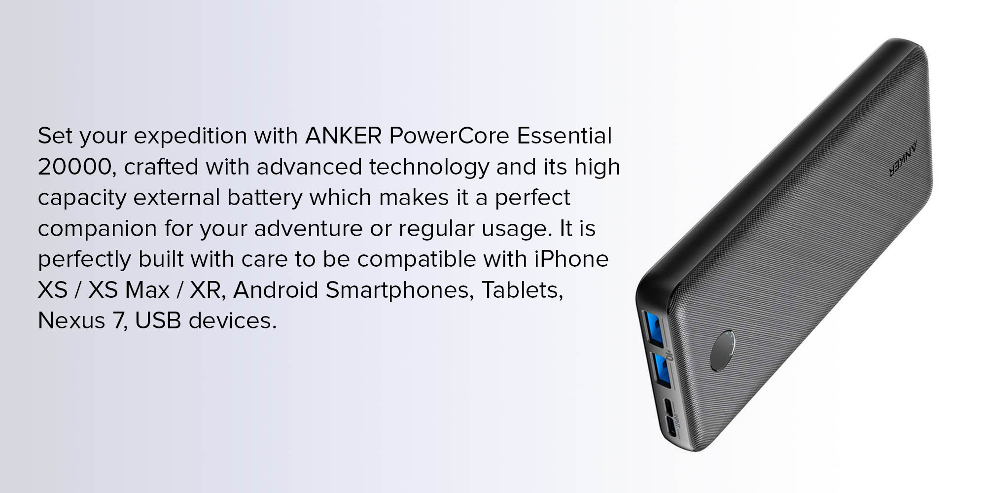 Anker PowerCore Essential 20000 - Batterie Externe 20000 mAh 2 Ports USB  avec Technologie PowerIQ et USB-C(entrée Uniquement), C