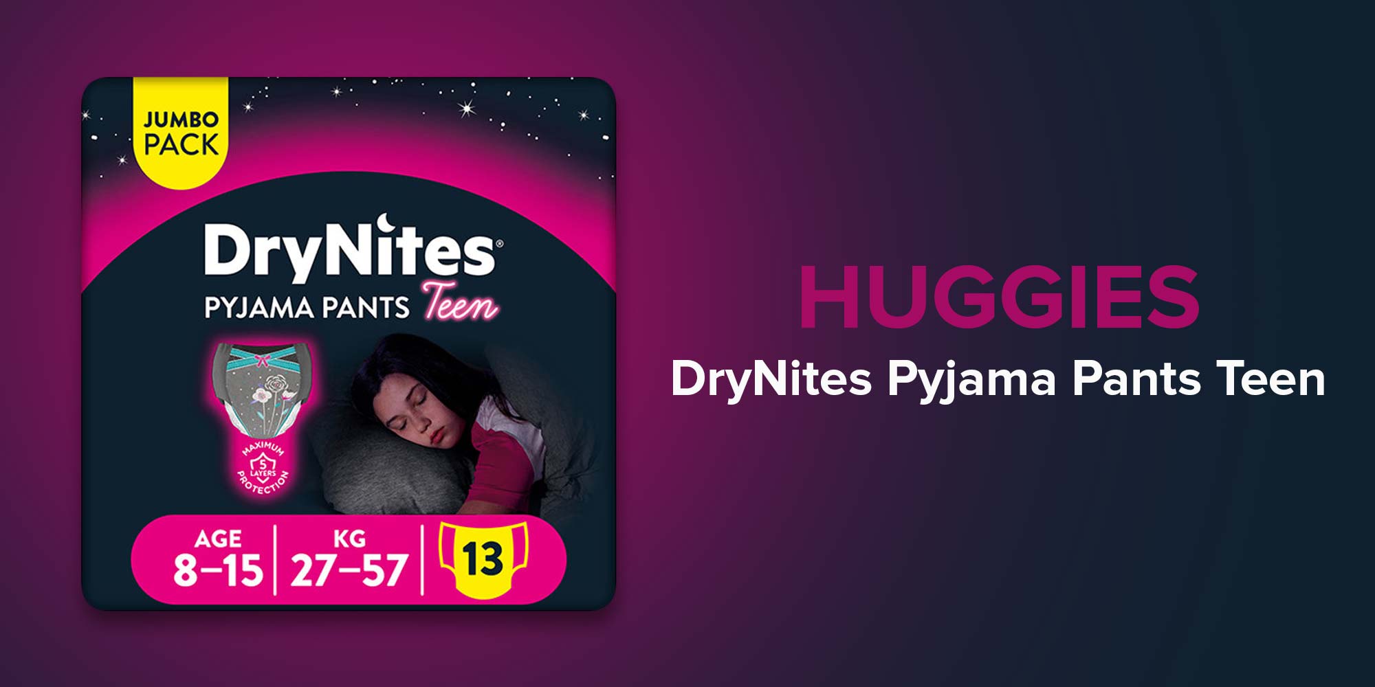 Huggies DryNites Pyjama Pants, 8-15 years, Bed Wetting Diaper, Girls, 27-57  kg, Value Pack, 13 Pants UAE