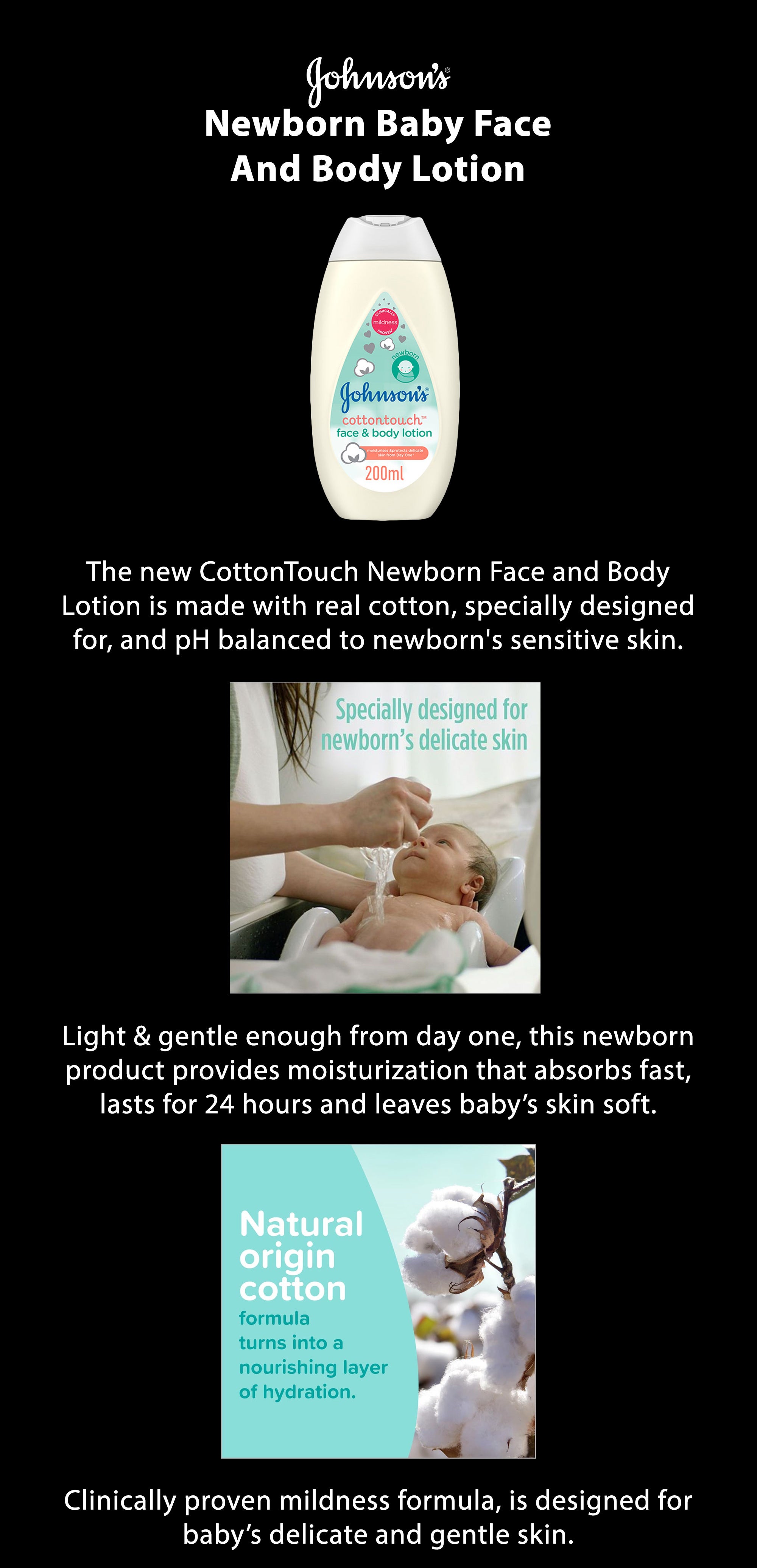 Johnson's Baby CottonTouch Newborn Baby Face and Body Lotion,  Hypoallergenic and Paraben-Free Moisturization for Baby's Sensitive Skin,  Made with Real