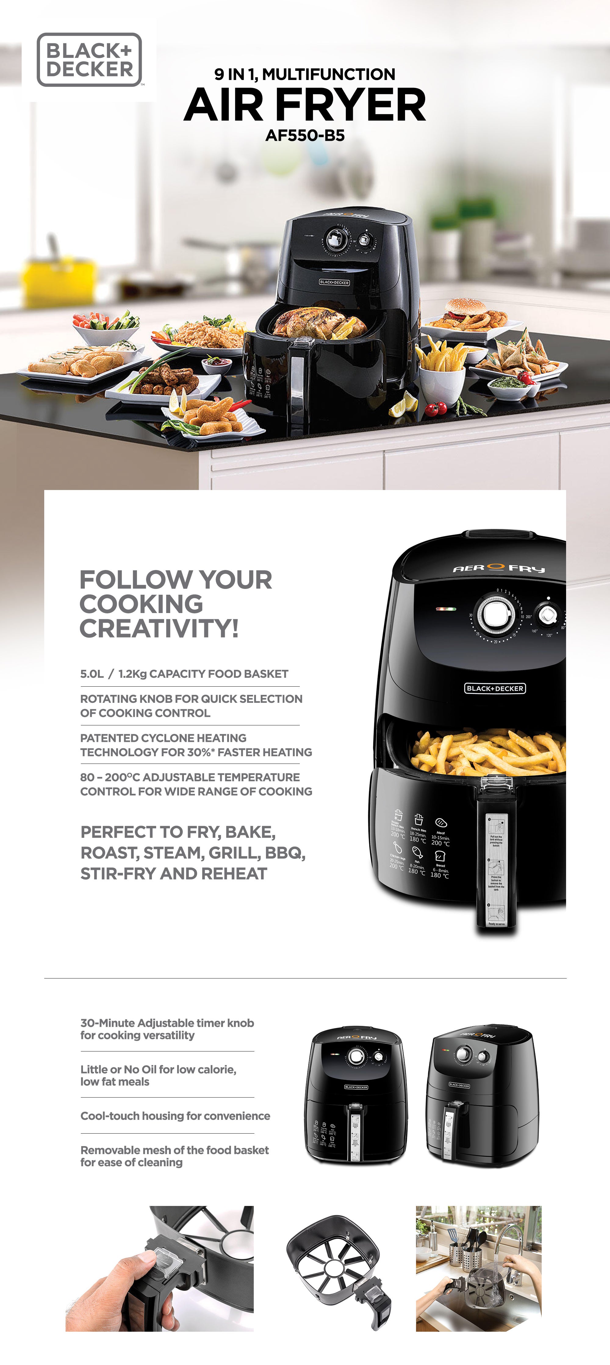 BLACK+DECKER Digital Air Fryer, 5 Liter, 1500 Watt, Black - AF550