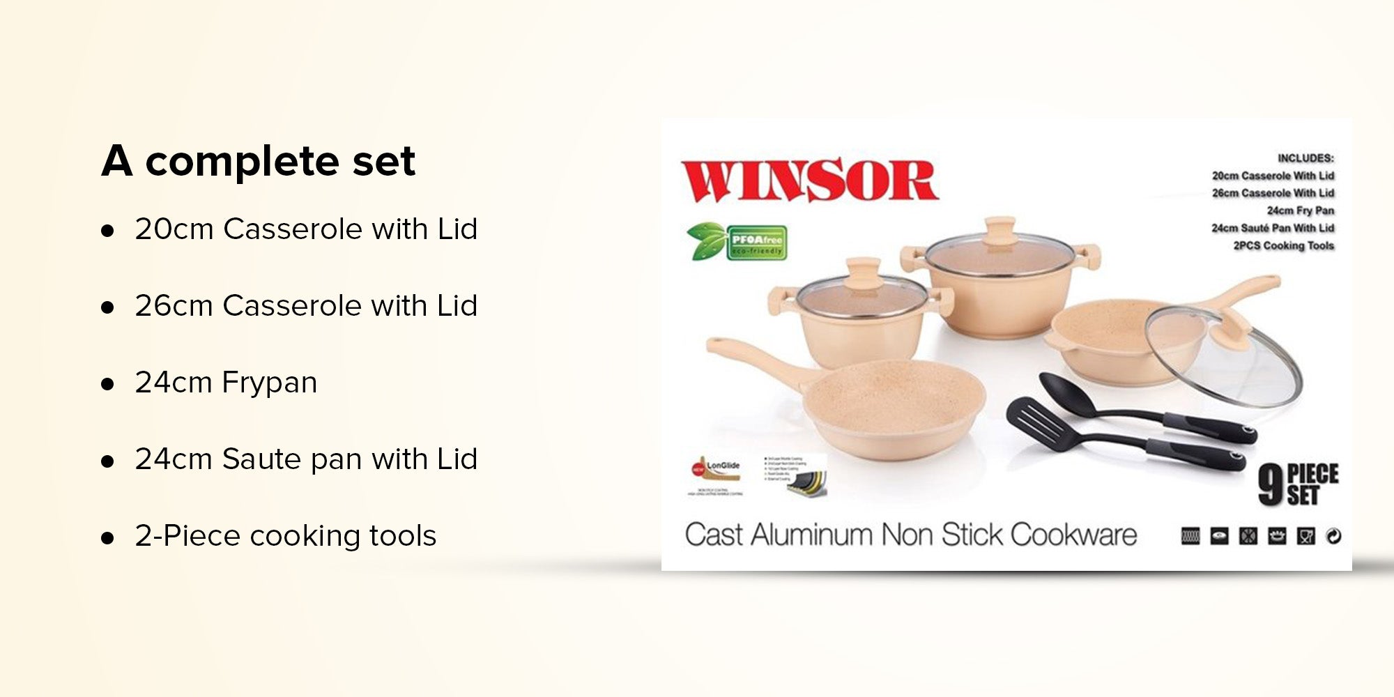 Winsor 9-Piece Cast Aluminum Granite Non-Stick Cookware Set Beige/Clear ...