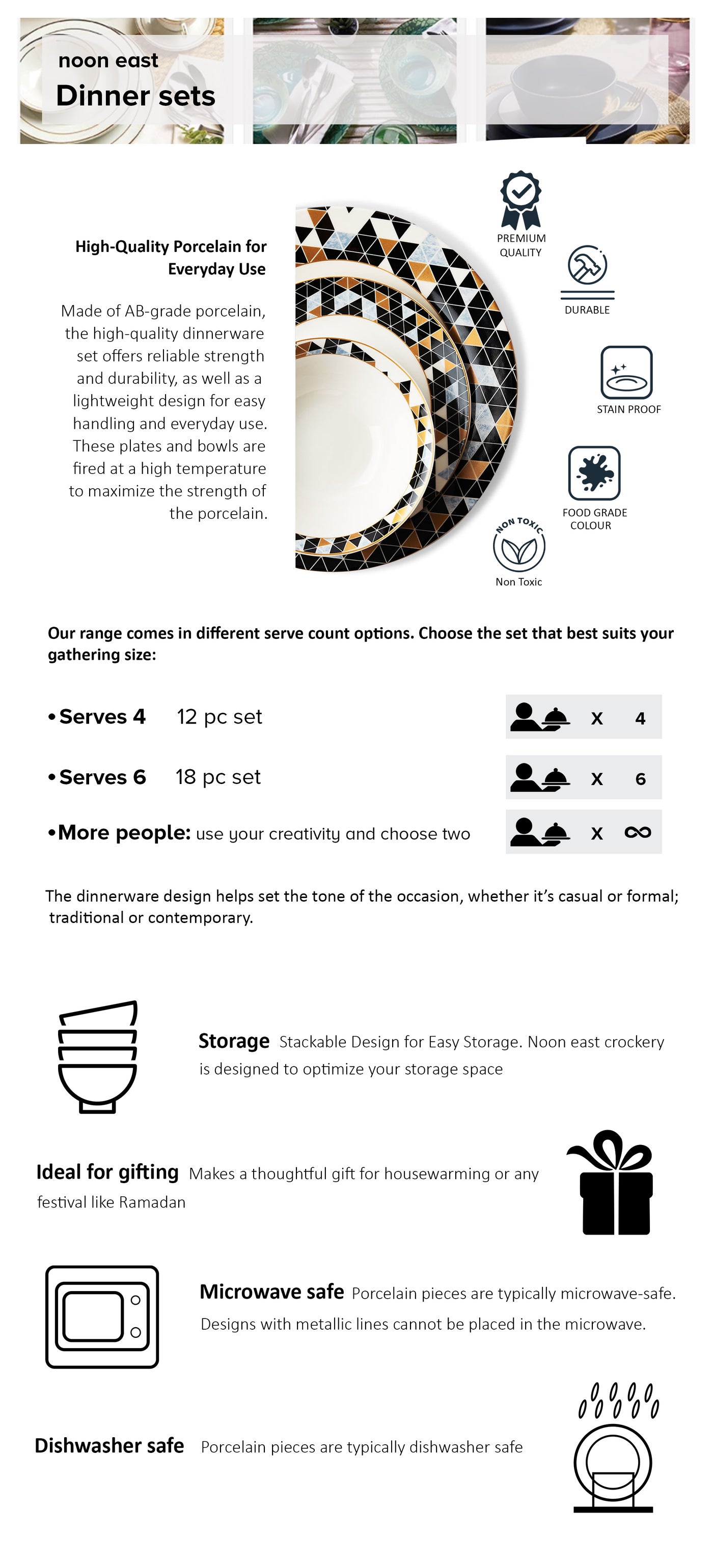 Noon East 18 Piece Porcelain Dinner Set Dishes, Plates Dinner Plate, Side Plate, Bowl