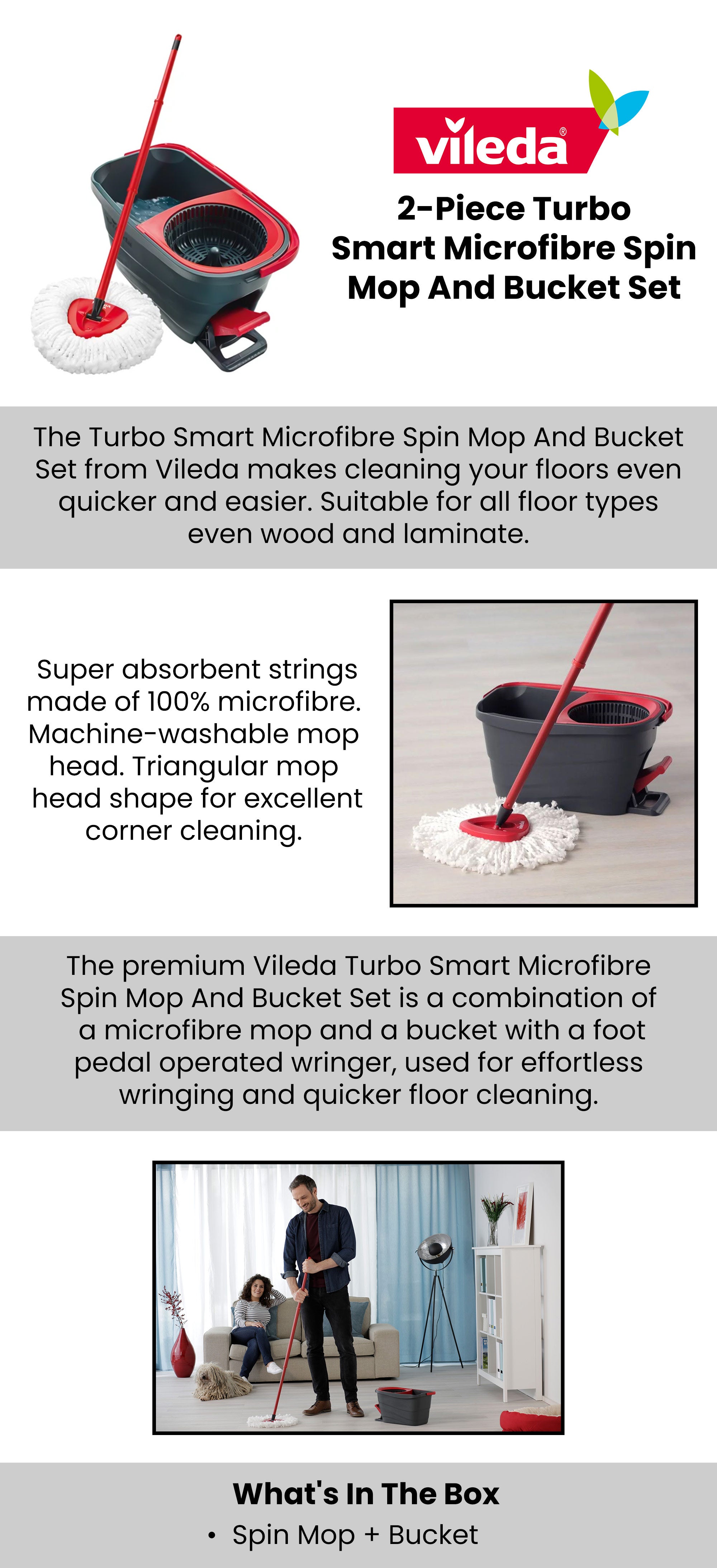 Vileda Turbo Smart Spin Microfiber Mop and Bucket Set Grey/Red 23×46×24cm  Egypt