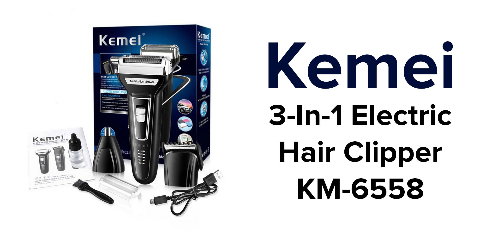 Shop Kemei Km-6558 3 In 1 Electric Hair Clipper Black 350g online in Dubai,  Abu Dhabi and all UAE