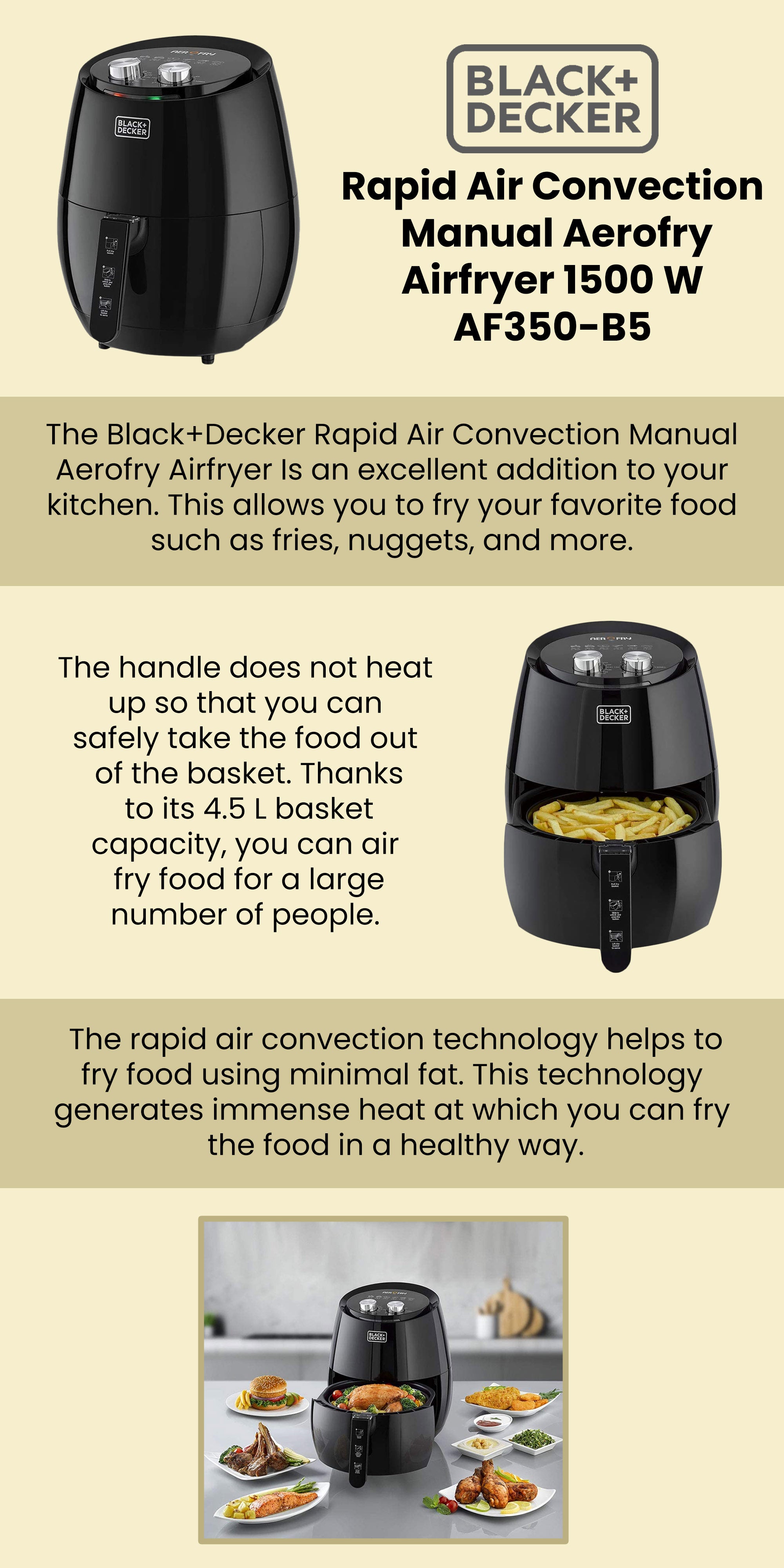 BLACK+DECKER Digital Air Fryer, 5 Liter, 1500 Watt, Black - AF550
