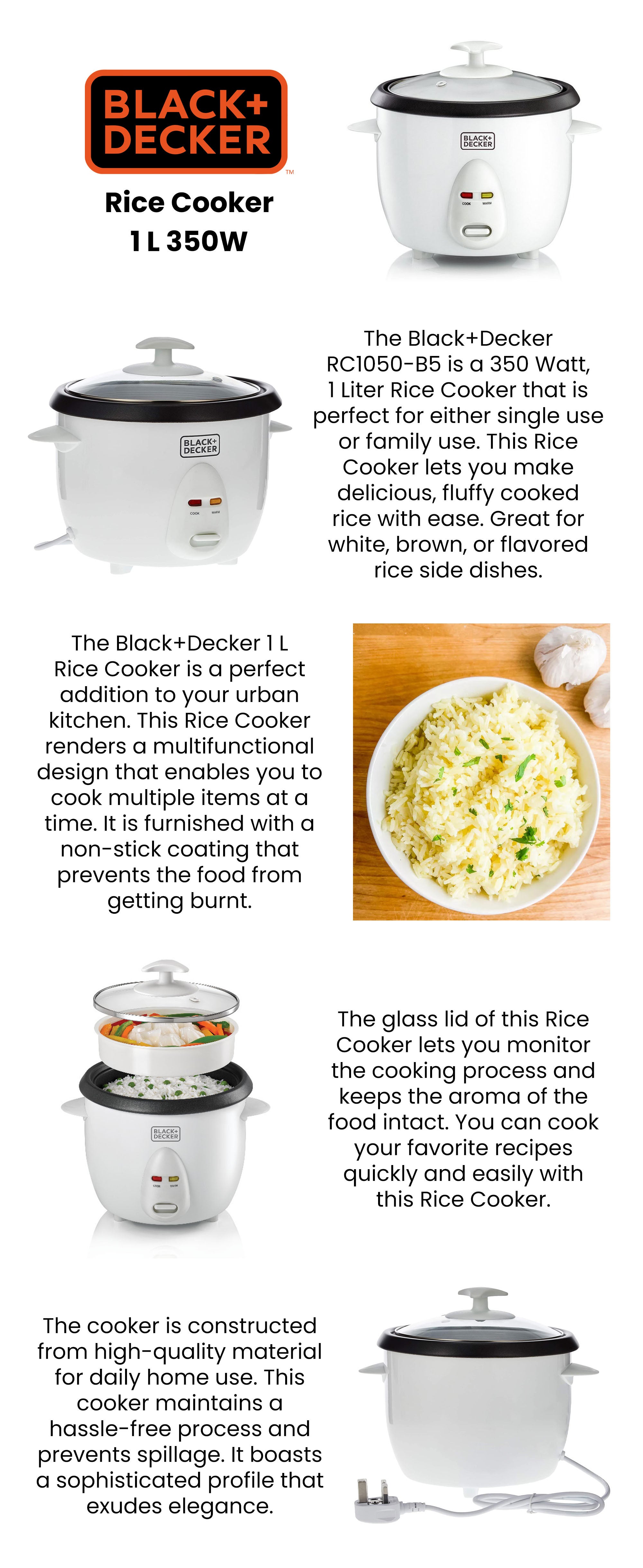 Black+Decker 1.0L Non-Stick Rice Cooker With Glass Lid - RC1050-B5 