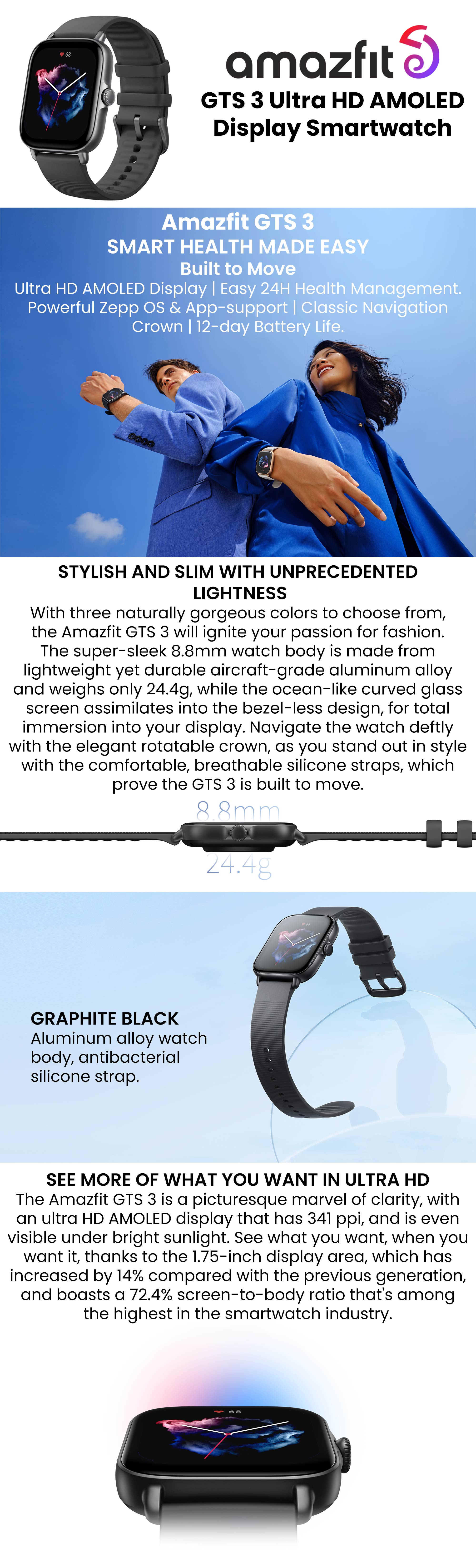 Amazfit GTS 3 Ultra HD AMOLED Display Smartwatch Ivory White UAE