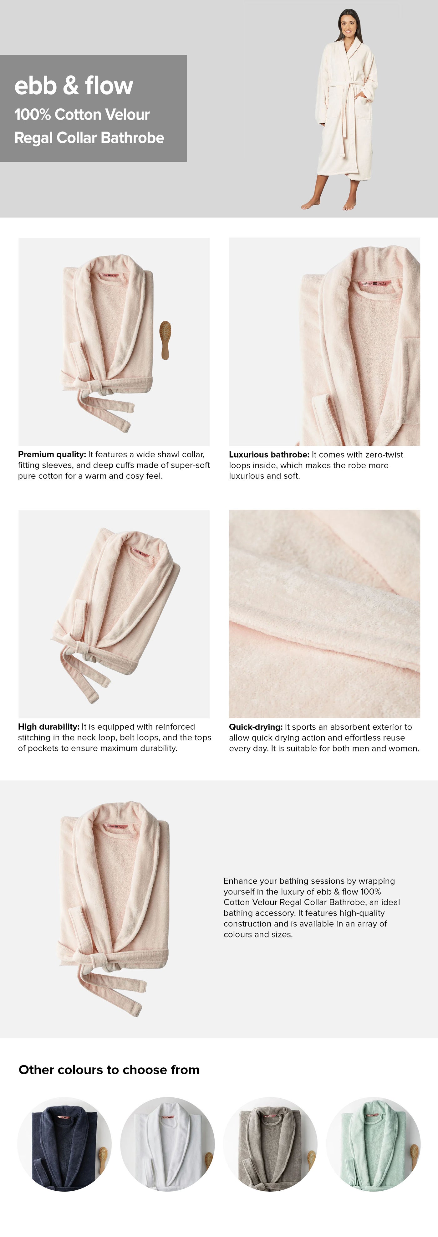 ebb & flow Luxury Bathrobe 350 GSM 100 Cotton Velvet Feel Ultra