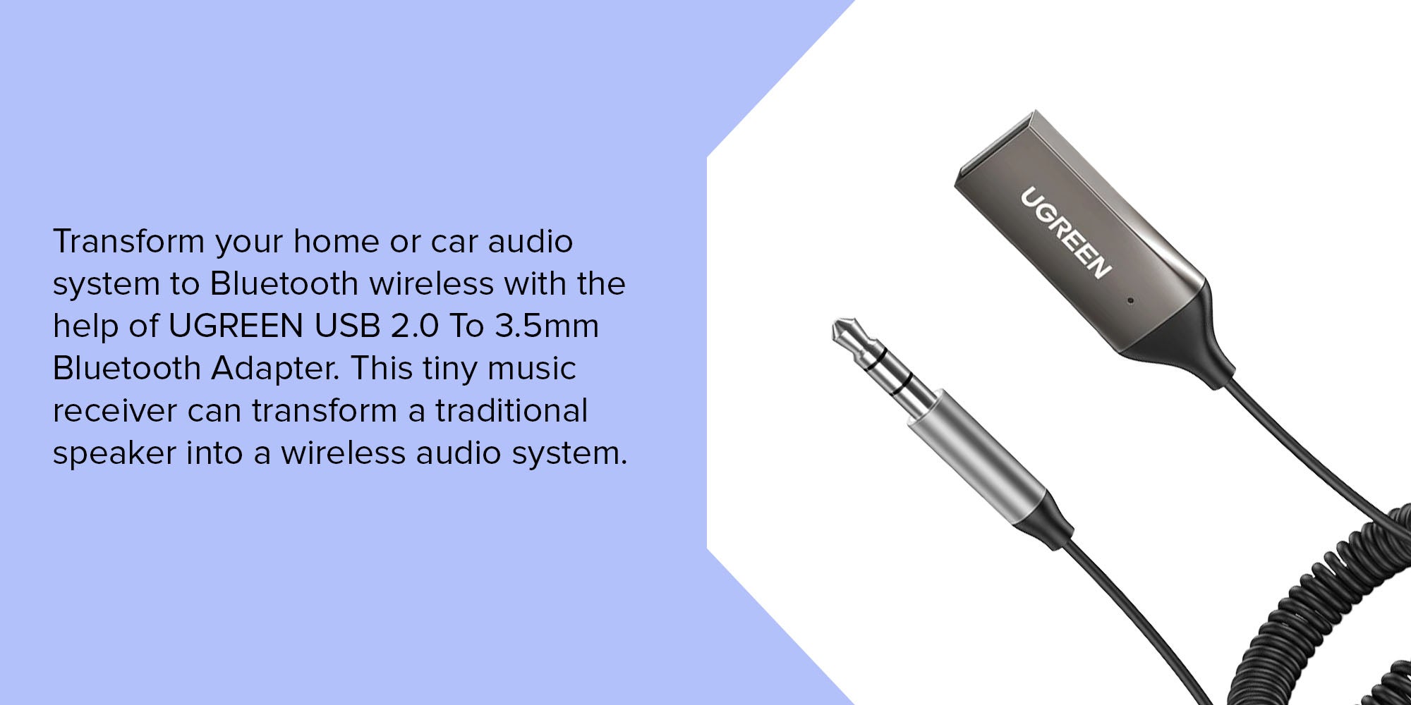 Ugreen Bluetooth Car Receiver Bluetooth version 5.3 Transmission range 10m  - USB 2.0 to 3.5mm Jack Handsfree Car kit Audio Receiver with Built-in  Microphone for Car Speaker and Home Audio 70601 Grey
