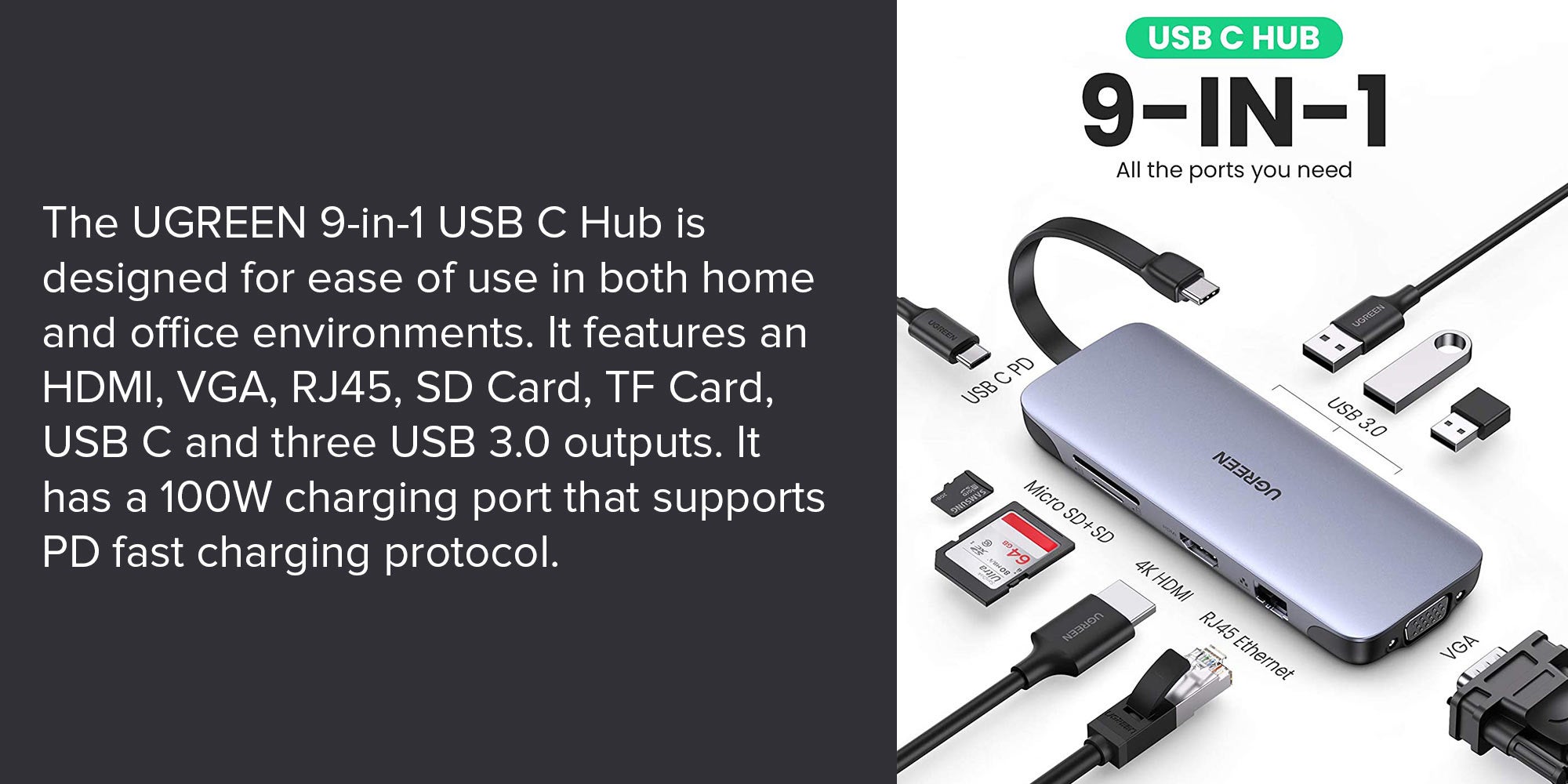 Hub USB-C Ugreen 9 en 1 Dock Multi Ports Supporte PD (Power