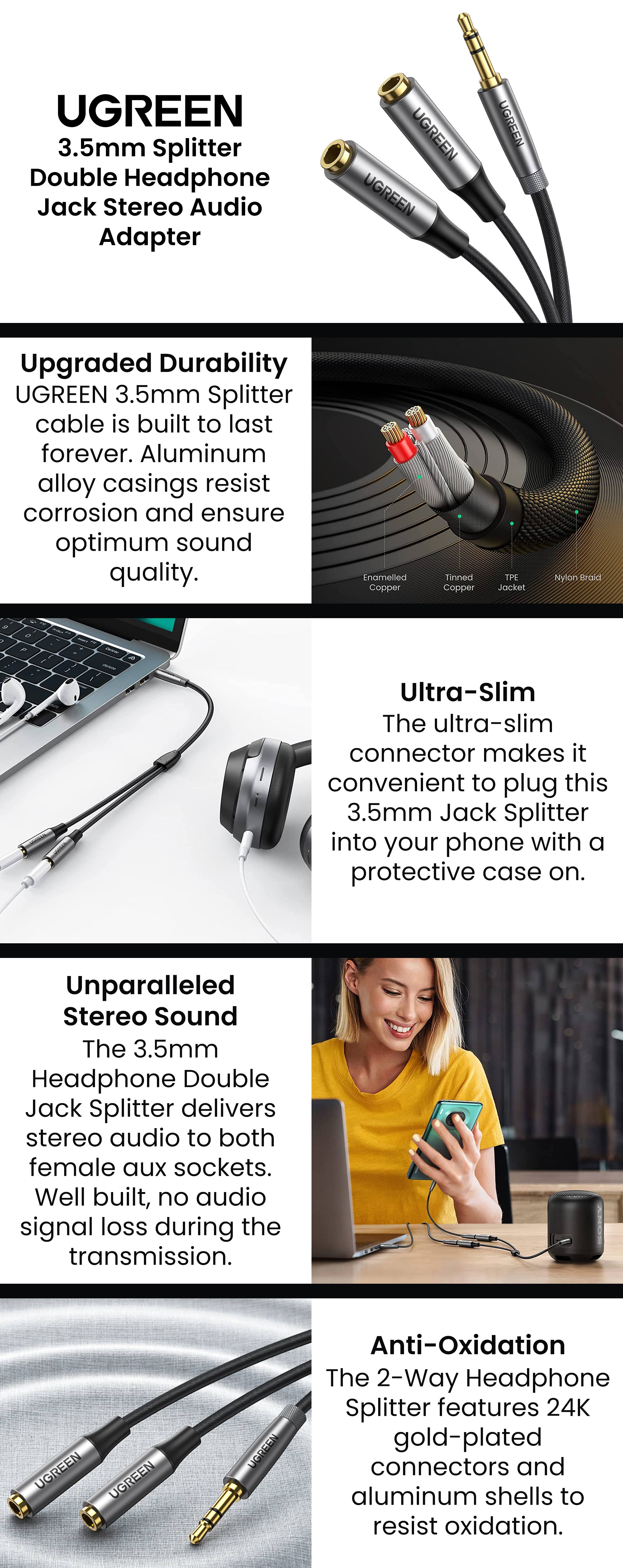 Ugreen Headphone Splitter 2 Way Y 3.5mm Jack Aux Adapter – UGREEN