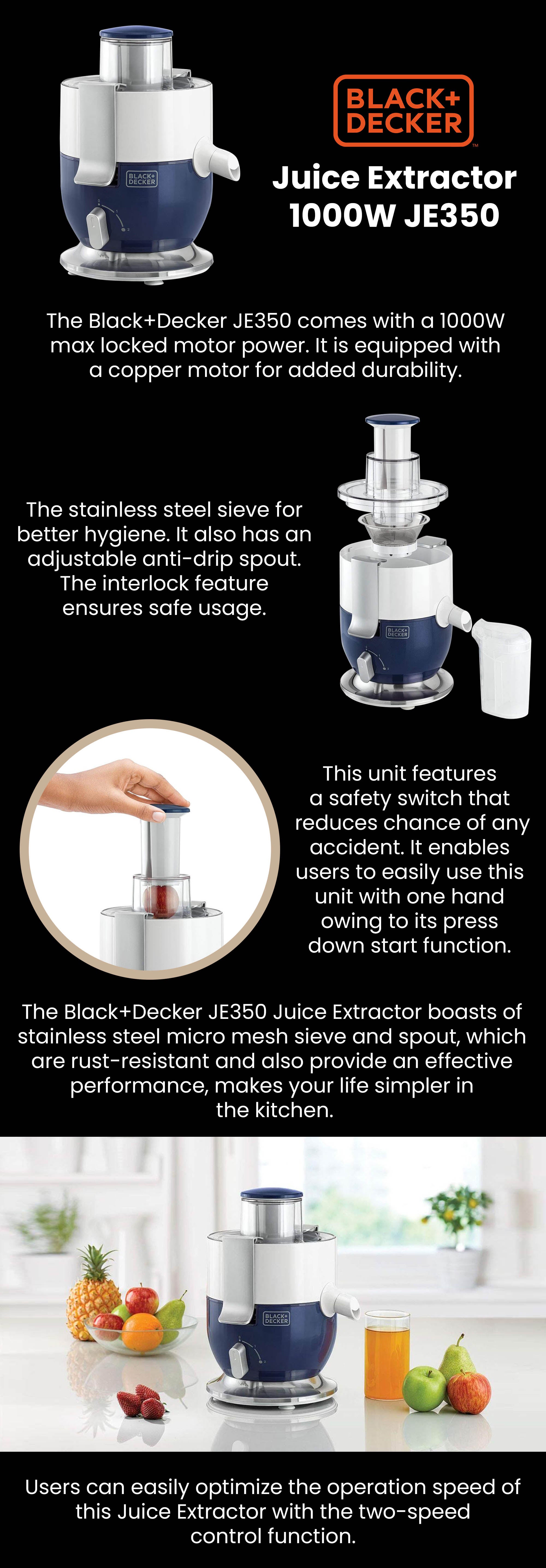 BLACK & DECKER Juice Extractor, 1000 Watt, White / Blue - JE350