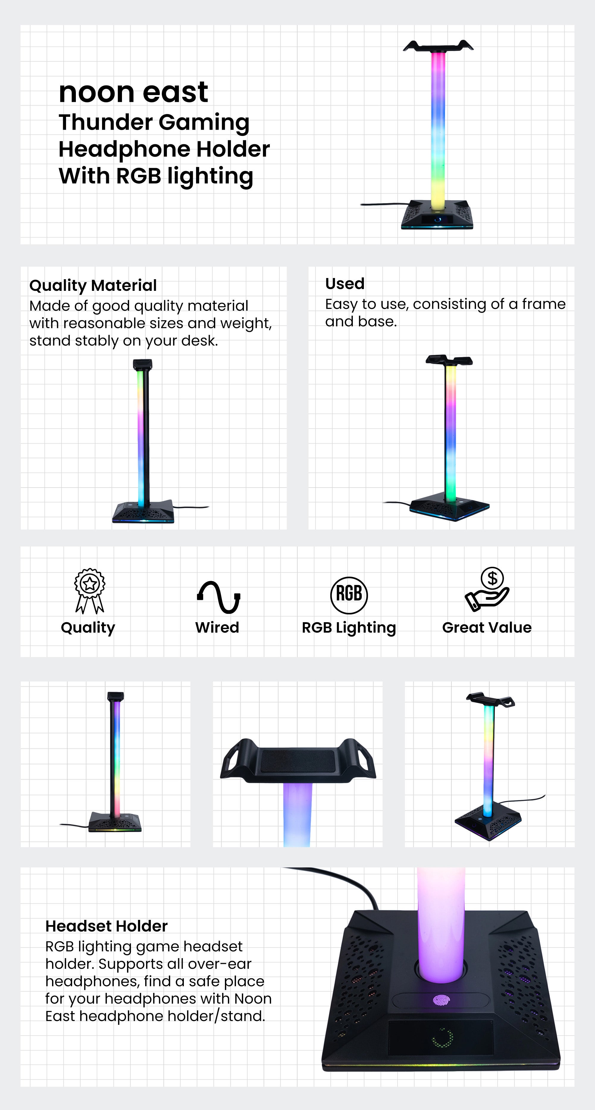 Noon East Thunder Gaming Headphone Holder with RGB lighting wired