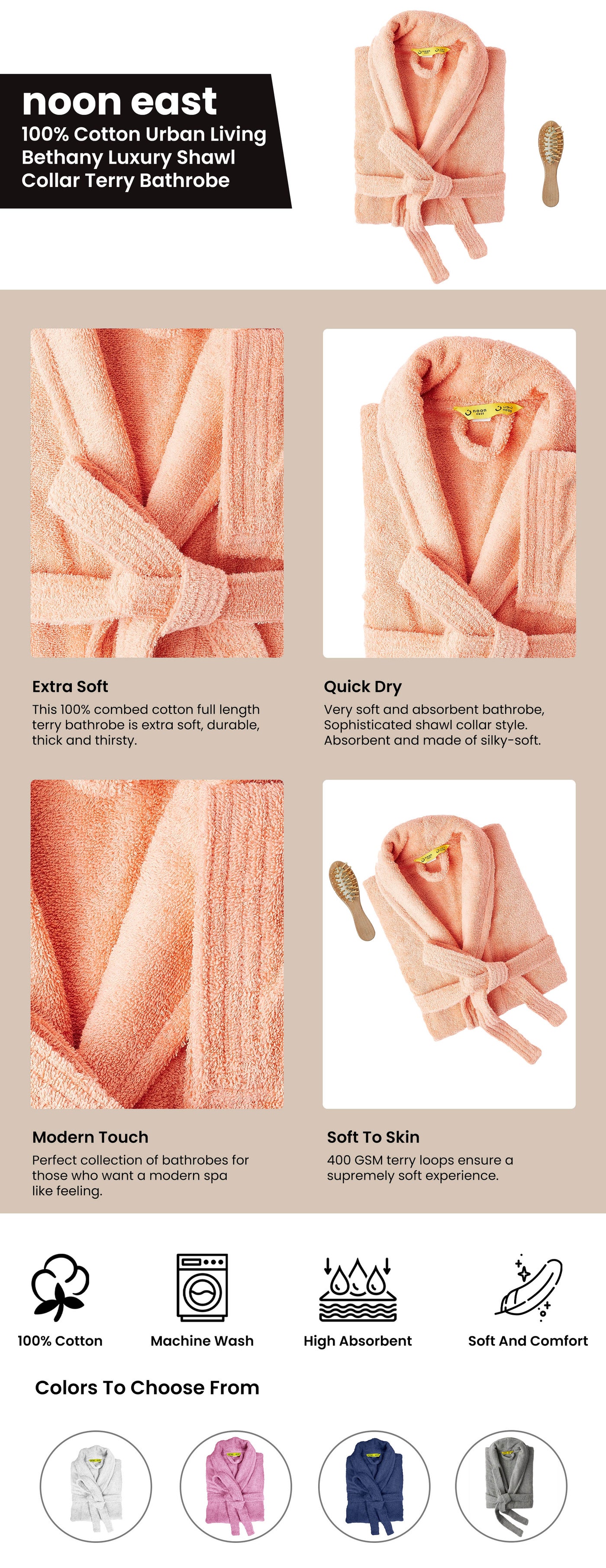 Noon East Bathrobe 400 GSM 100 Cotton Terry Silky Soft Spa Quality