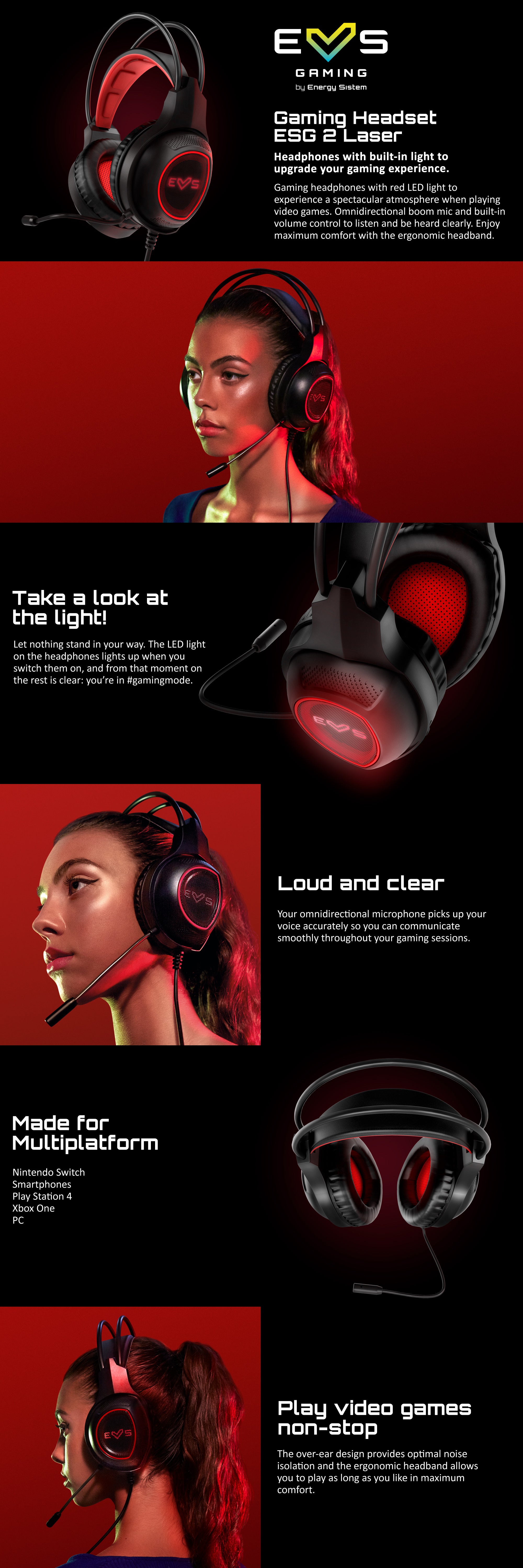 Energy Sistem Gaming Headset ESG 2 Laser LED Light Boom mic