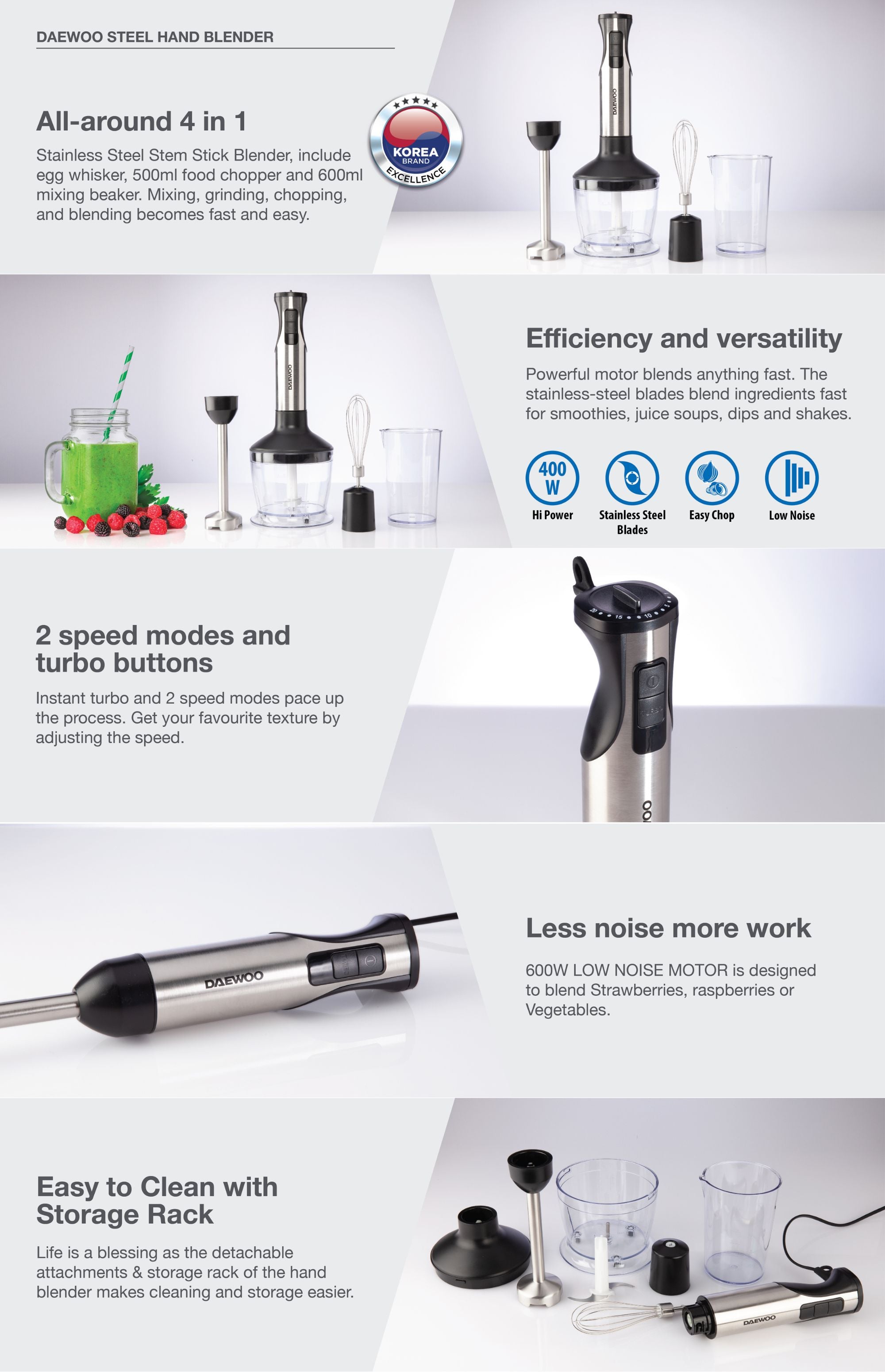 400W 4 in 1 Stainless Steel Stem Hand Blender with Chopper and Whisk