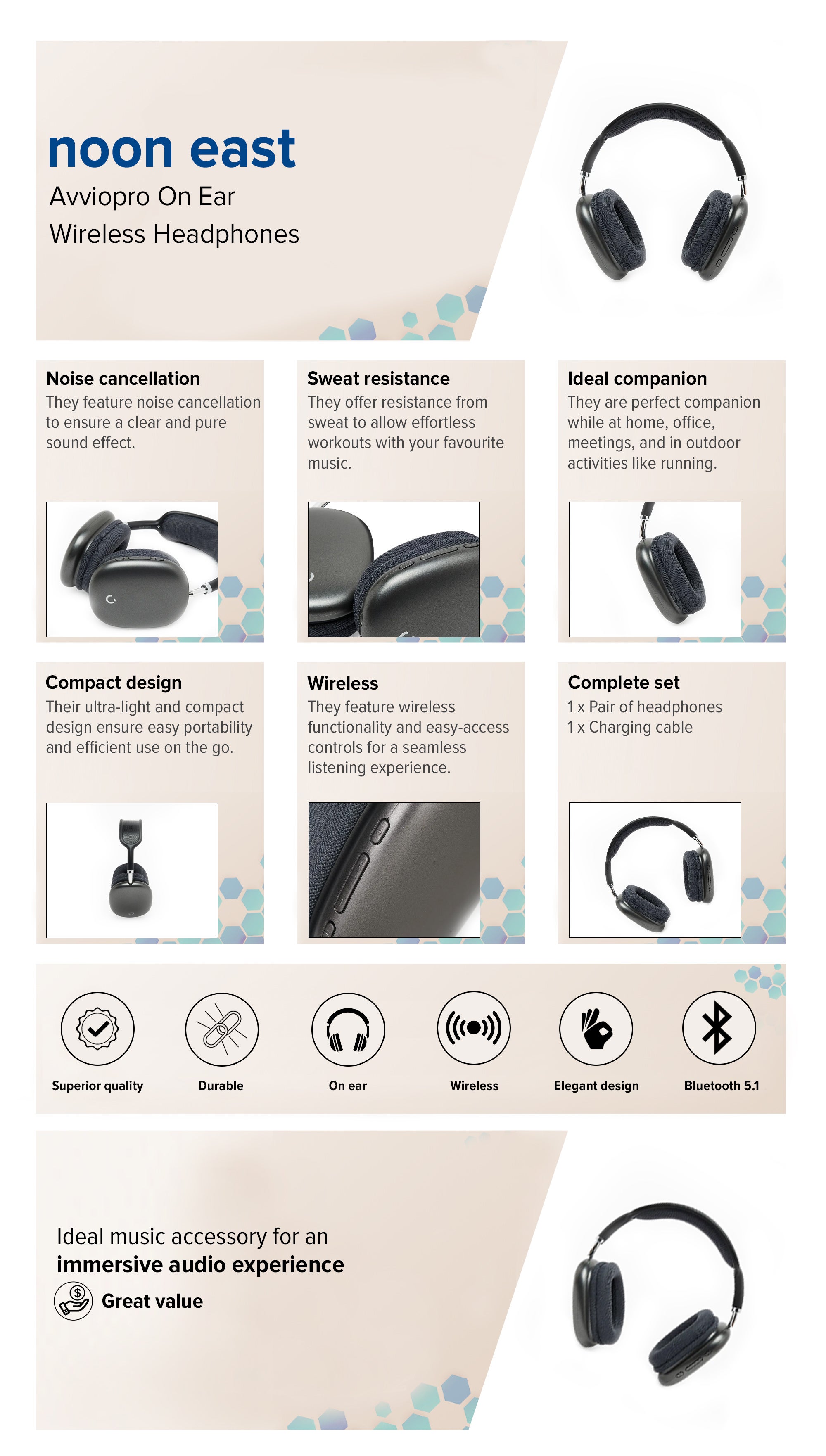 Noon East Avviopro On Ear Wireless Bluetooth Headphone With BT