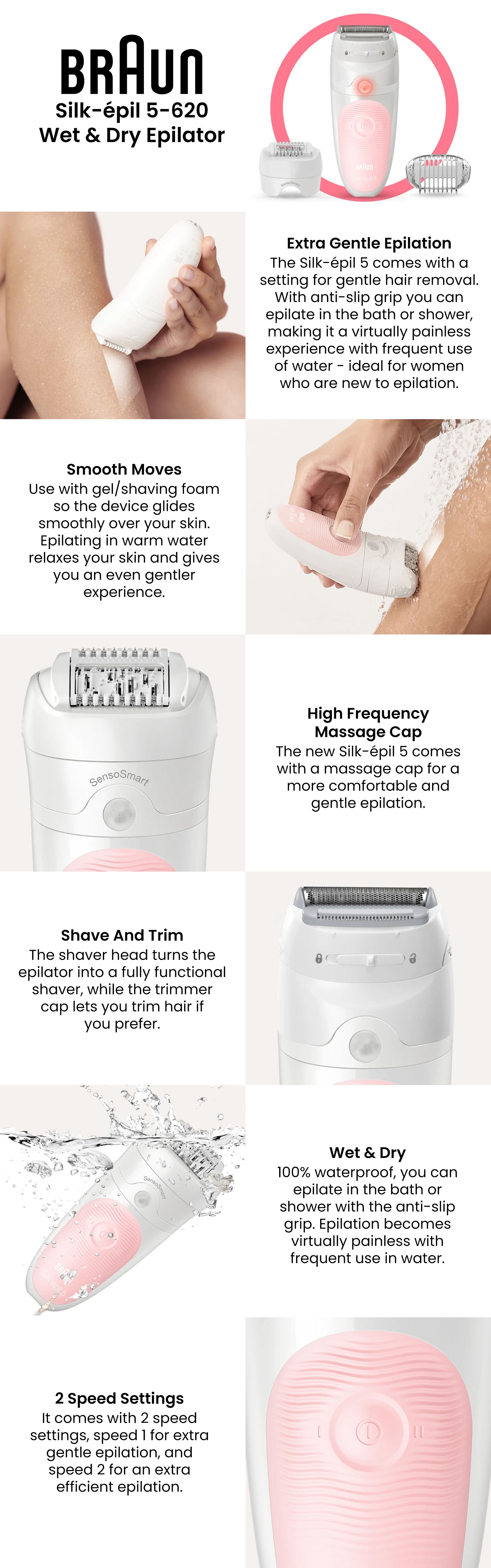 BRAUN Silk-épil 5 5-620 Epilator, Hair Removal, 3 In 1, Includes Shaver &  Trimmer Head, Cordless, Gentle Hair Removal Setting, Wet & Dry, 100%  Waterproof, UK 2 Pin Plug White/Pink Egypt