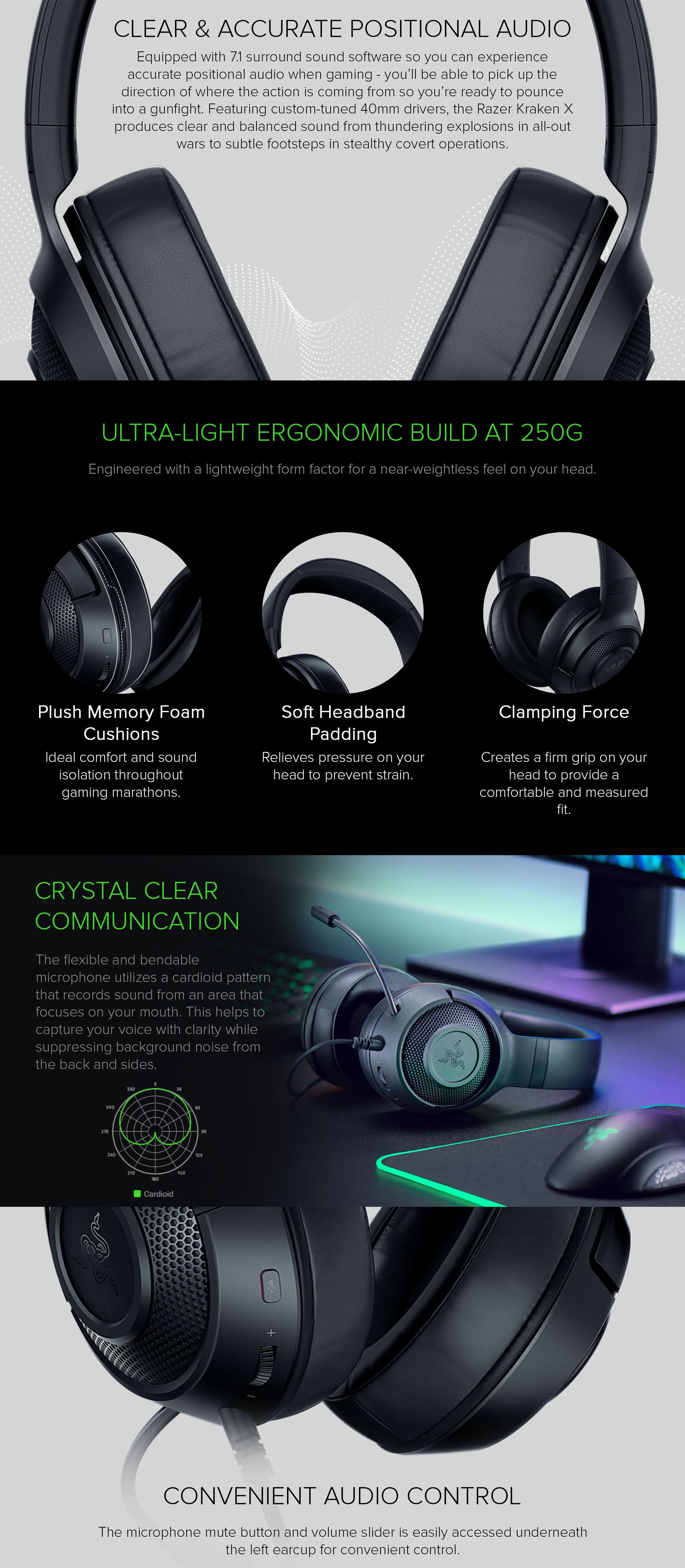 Razer Kraken X Ultralight Gaming Headset: 7.1 Surround Sound - Lightweight  Aluminum Frame - Bendable Cardioid Microphone - for PC, PS4, PS5, Switch