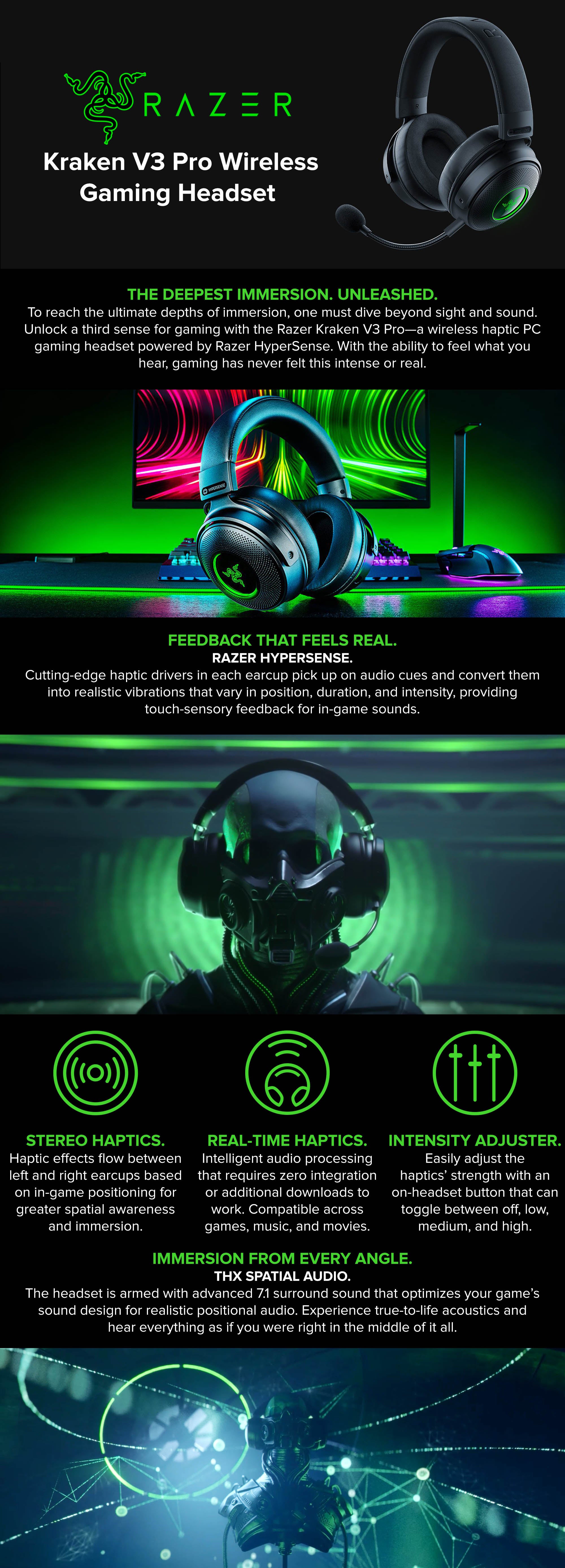 Razer Kraken V3 Pro Wireless Gaming Headset with Haptic Technology, THX  Spatial Audio, 50mm Titanium Drivers, Hybrid Memory Foam Cushions