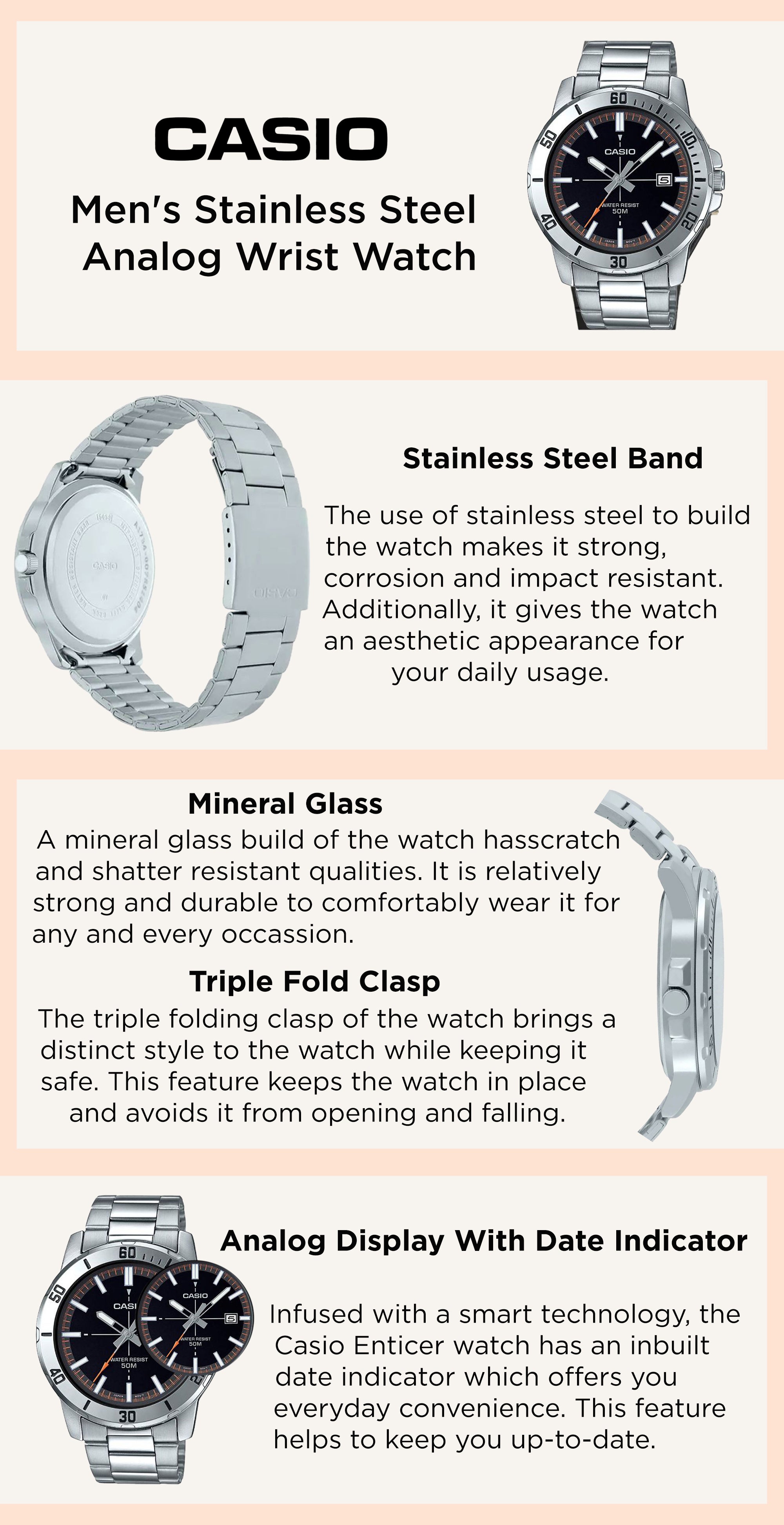 CASIO Men's Stainless Steel Analog Watch MTP-VD01D-1E2VUDF - 49 mm - Silver  KSA | Riyadh, Jeddah