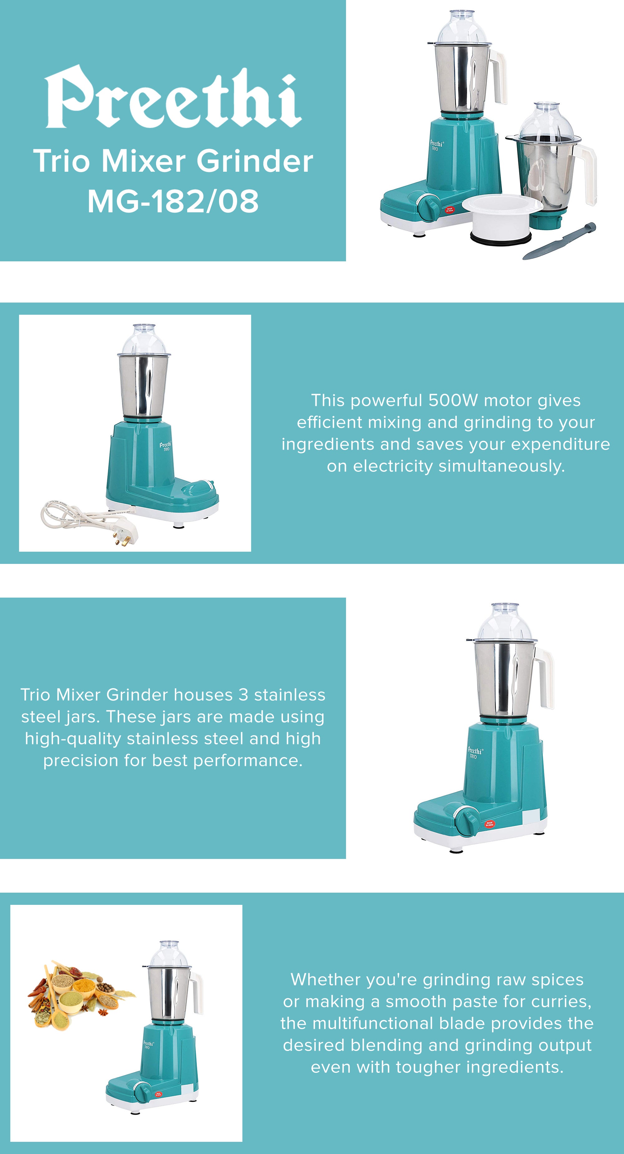 preethi trio mixer grinder 500w