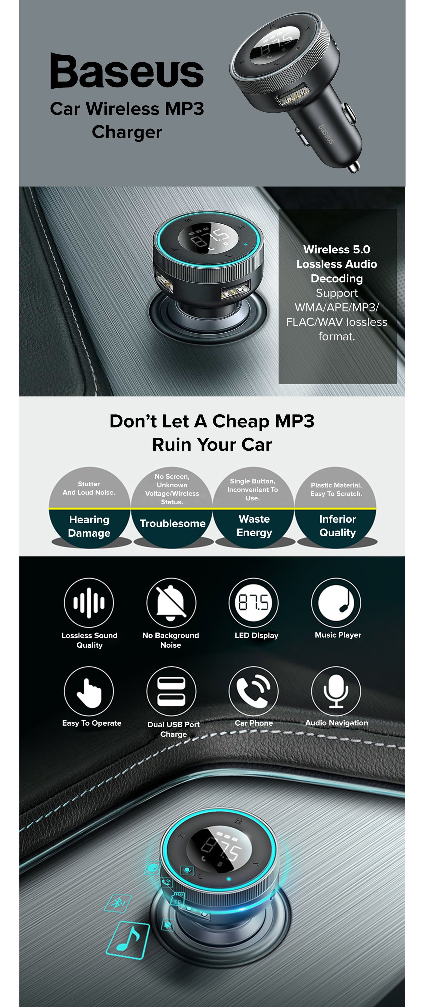 Baseus Bluetooth Fm Transmitter 5 0 Car Wireless Mp3 Charger 5v 3 4a Dual Usb Adapter With Led Digital Display Multi Functional Ports Car Kit Built In Mic Support Hands Free Calls Aux Tf Card Flash Drive Egypt