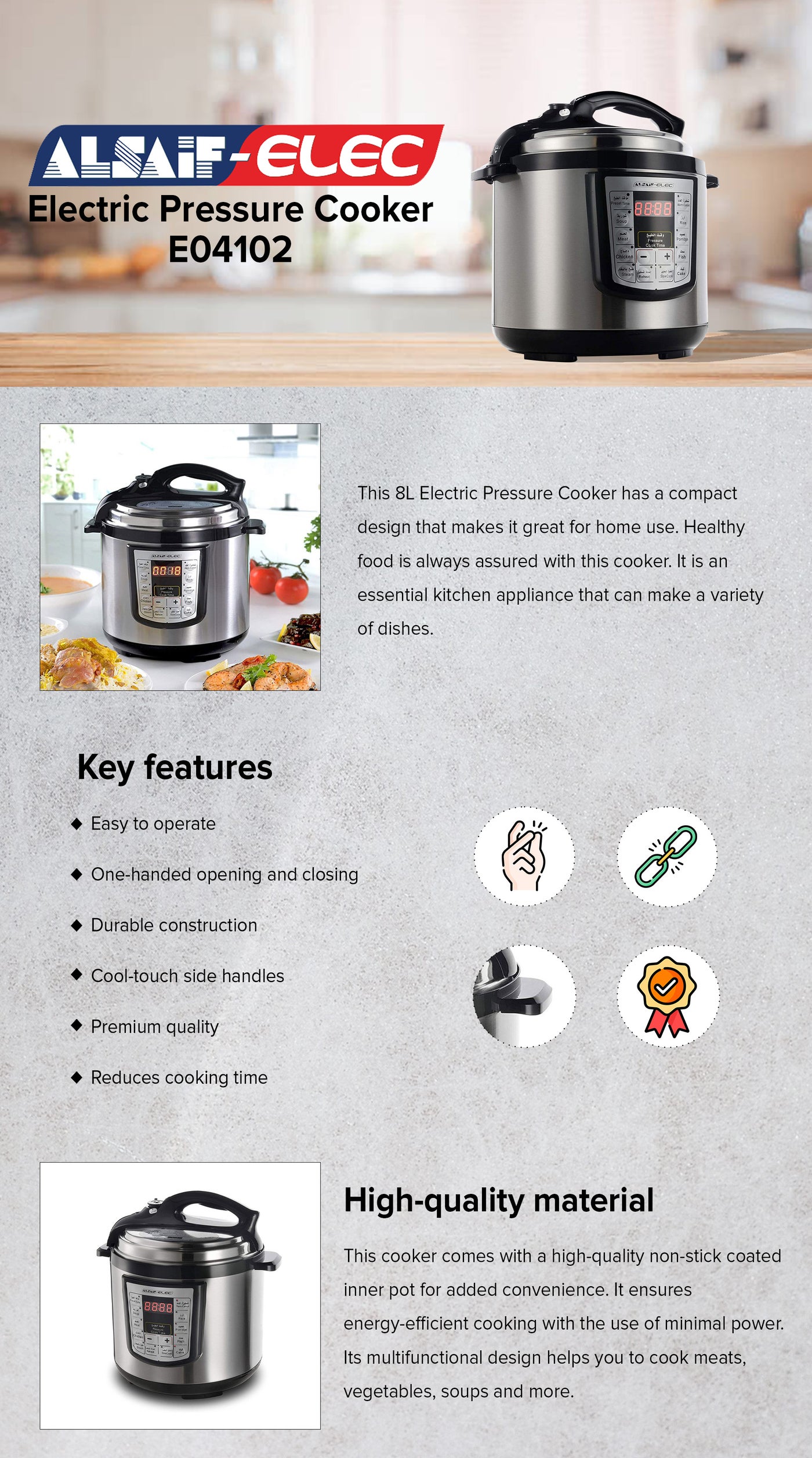 Alsaif Electric Pressure Cooker 8.0 L 1200.0 W E04102 Silver/Black KSA