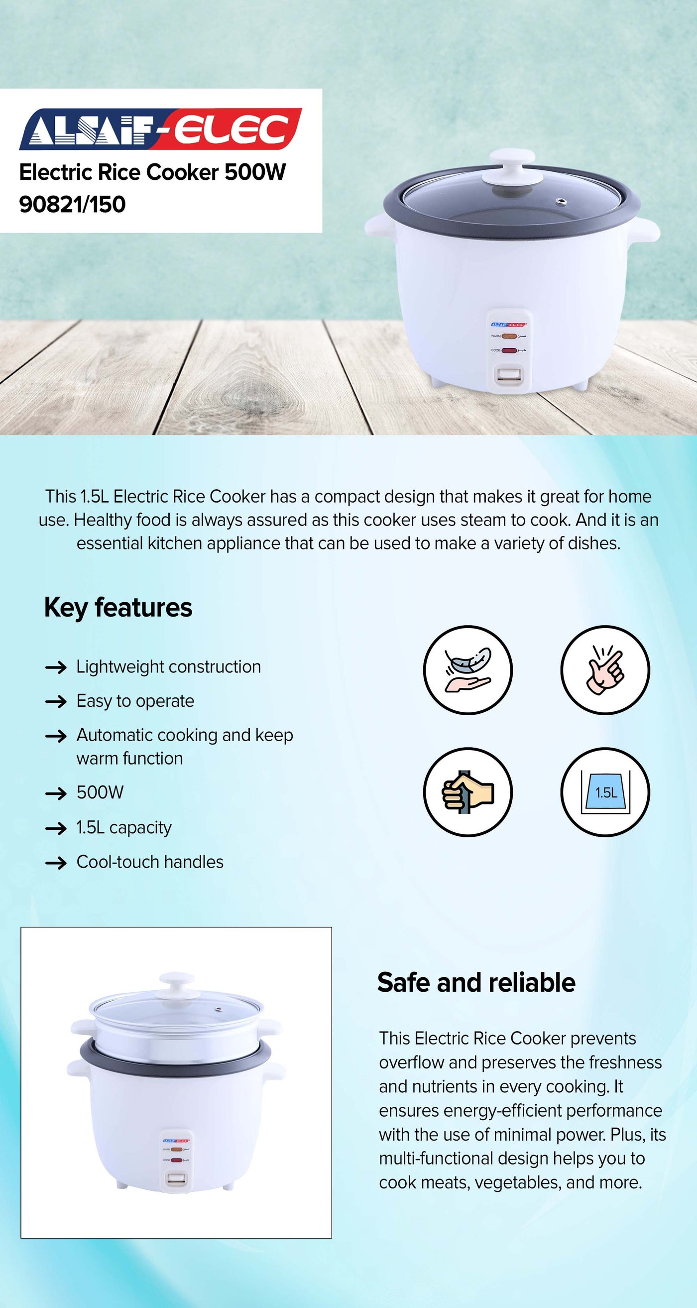 ALSAIFELEC Electric Rice Cooker 1.5 Liter 500 Watts 1.5 L 500.0 W
