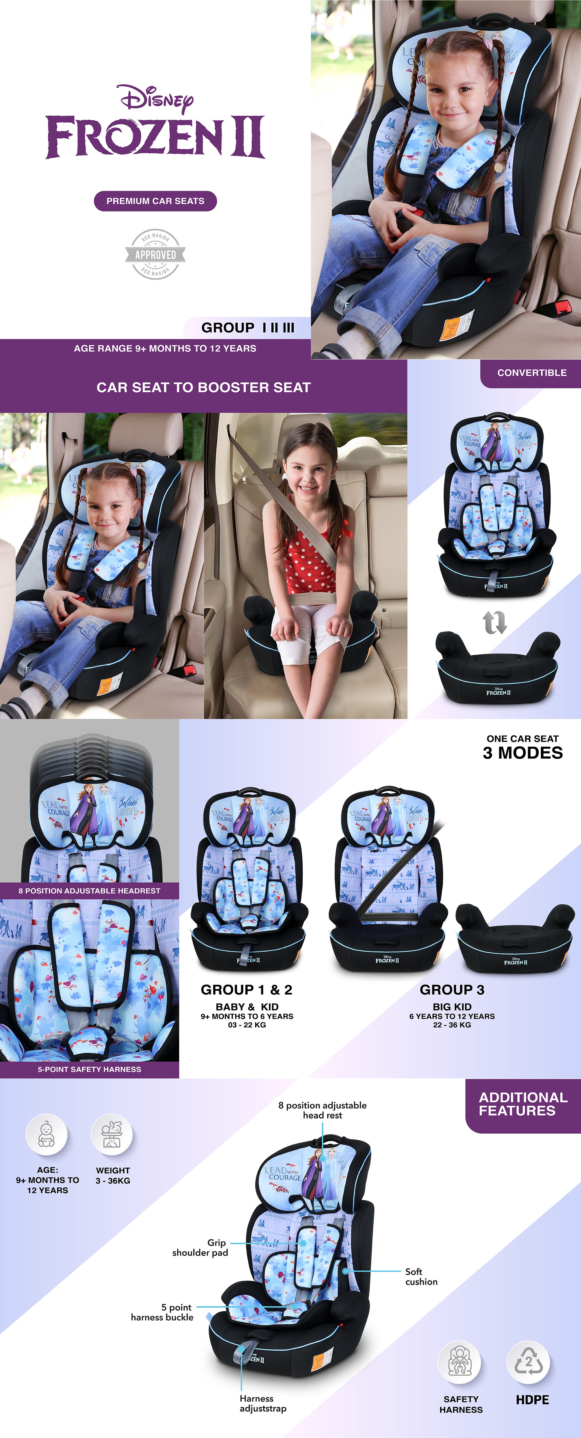 Disney 3 In 1 Frozen Baby Kids Car Seat Booster Seat Suitable from 9 months to 12 years Upto 36kg UAE Dubai Abu Dhabi