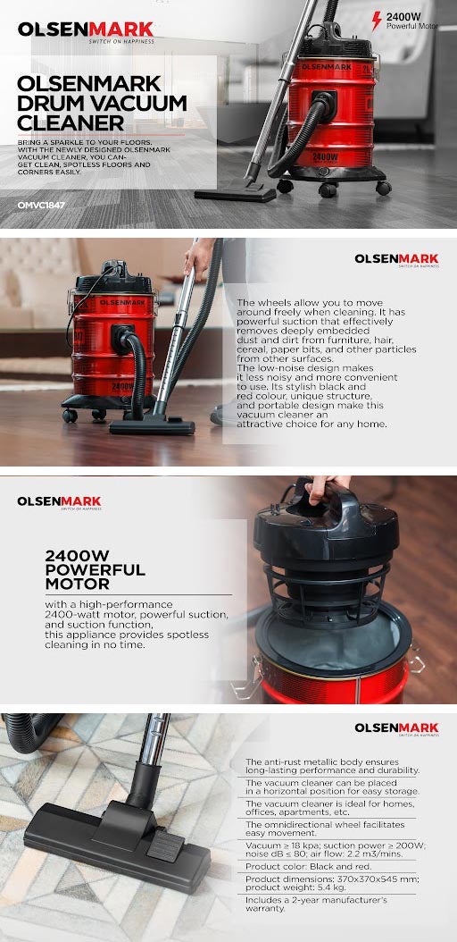 Olsenmark Vacuum Cleaner 21 L 2400 W OMVC1847 Red/Black KSA Riyadh