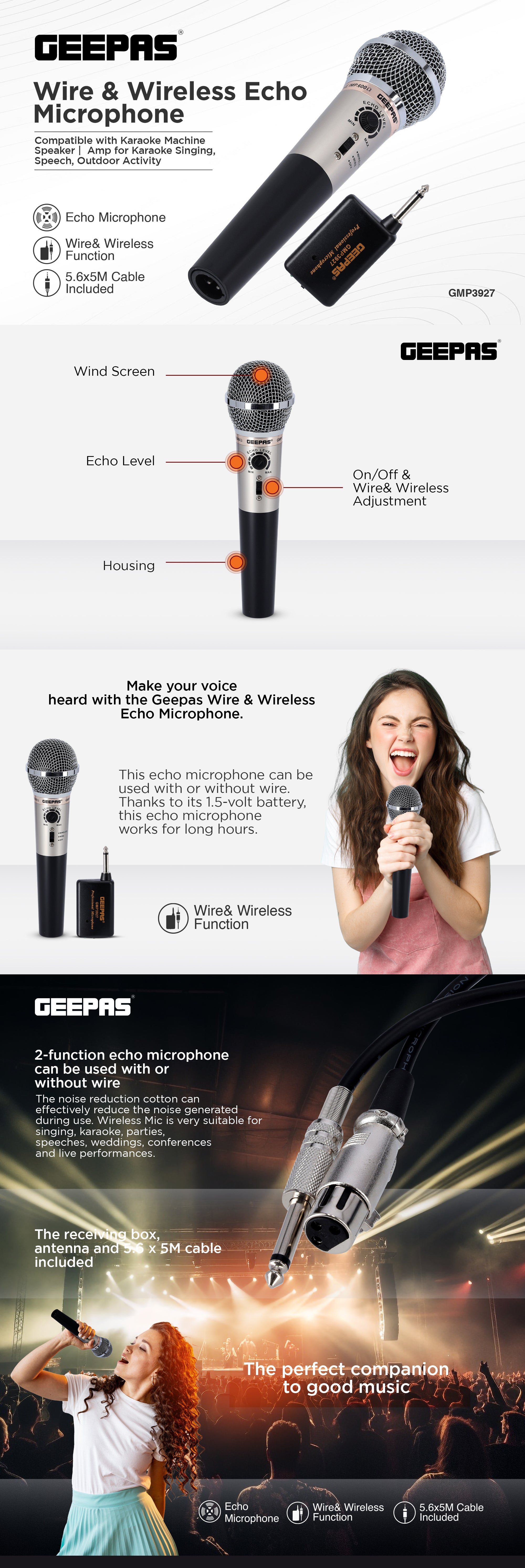 GEEPAS Geepas Wire Wireless Echo Microphone Compatible with