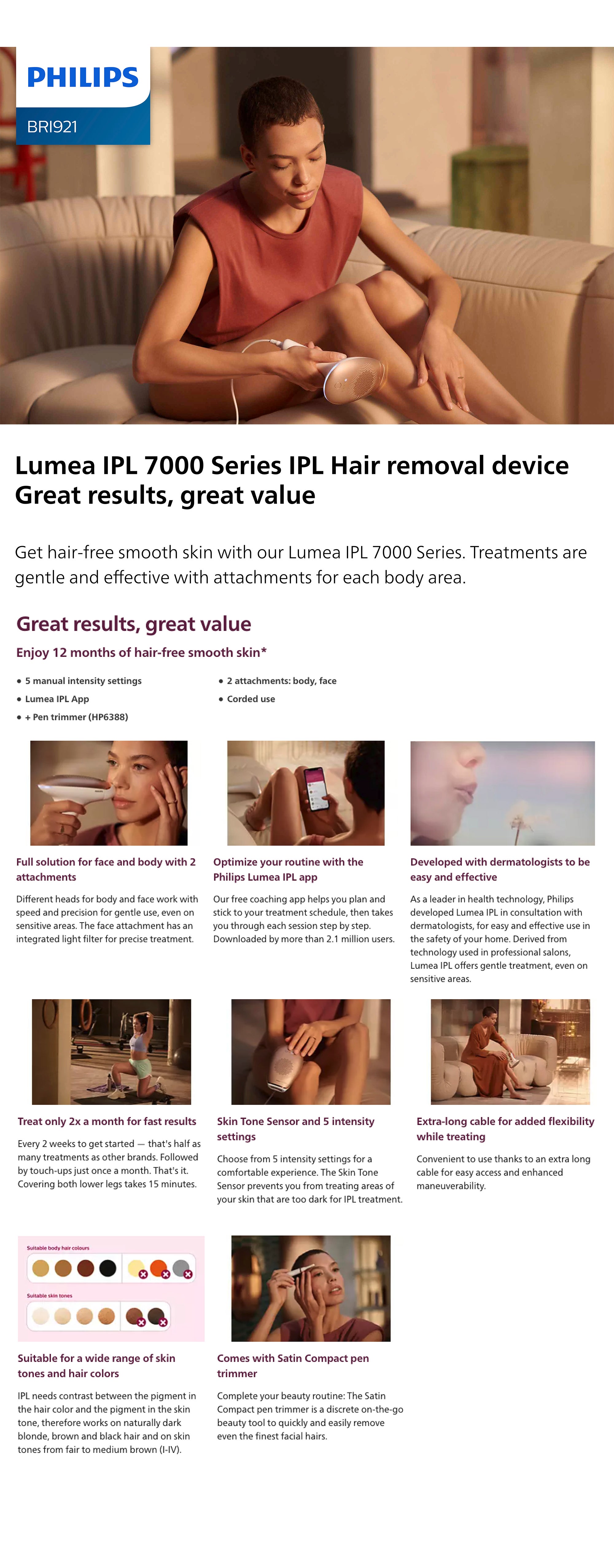 Philips Lumea BRI921 IPL Hair Removal Device for Body