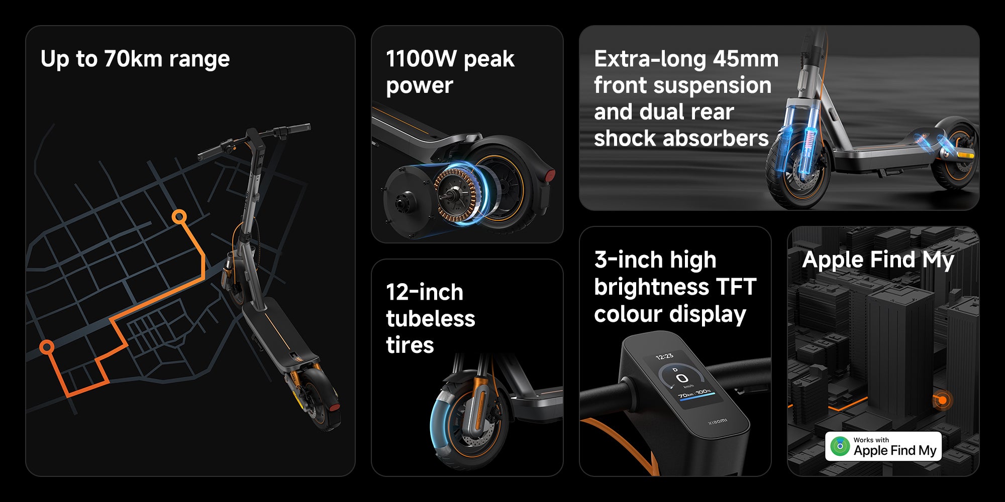 Xiaomi Electric Scooter 6 Max GL, 70km Long Range, 1100W Peak Power, 12-Inch Tubeless Tires, Front & Rear suspension, Dual Disc Brakes, Apple Find My, Foldable Scooter for Adults, Road Legal 20