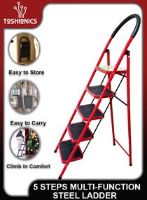 Household Folding Multi-Function 5 Steps Telescopic Portable  Step Steel Ladder Stool Chair with Wide Anti Slip Pedal and Comfort Hand grip for Adults Home Kitchen Garden Office Warehouse 