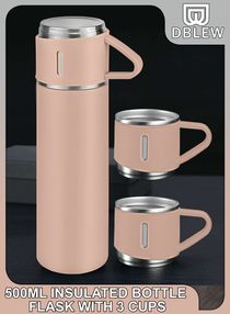 Portable Stainless Steel Thermos 500ml Leakproof Vacuum Insulated Bottle Flask with 3 Lid Cups For Water Coffee Tea Drinks Travel Mug Stays Hot & Cold Up to 12 Hours During Work Sports Camping Cycling 